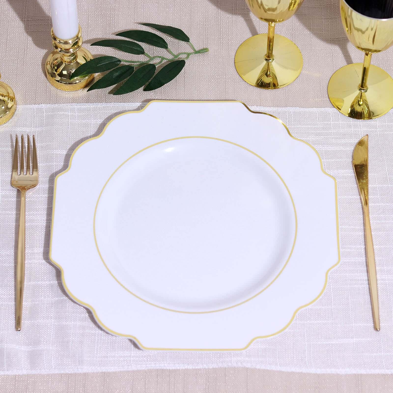 10-Pack Plastic Dinner Plates in White Baroque Design with Scalloped Gold Rim - Heavy Duty Disposable Party Plates for Events & Banquets 11"