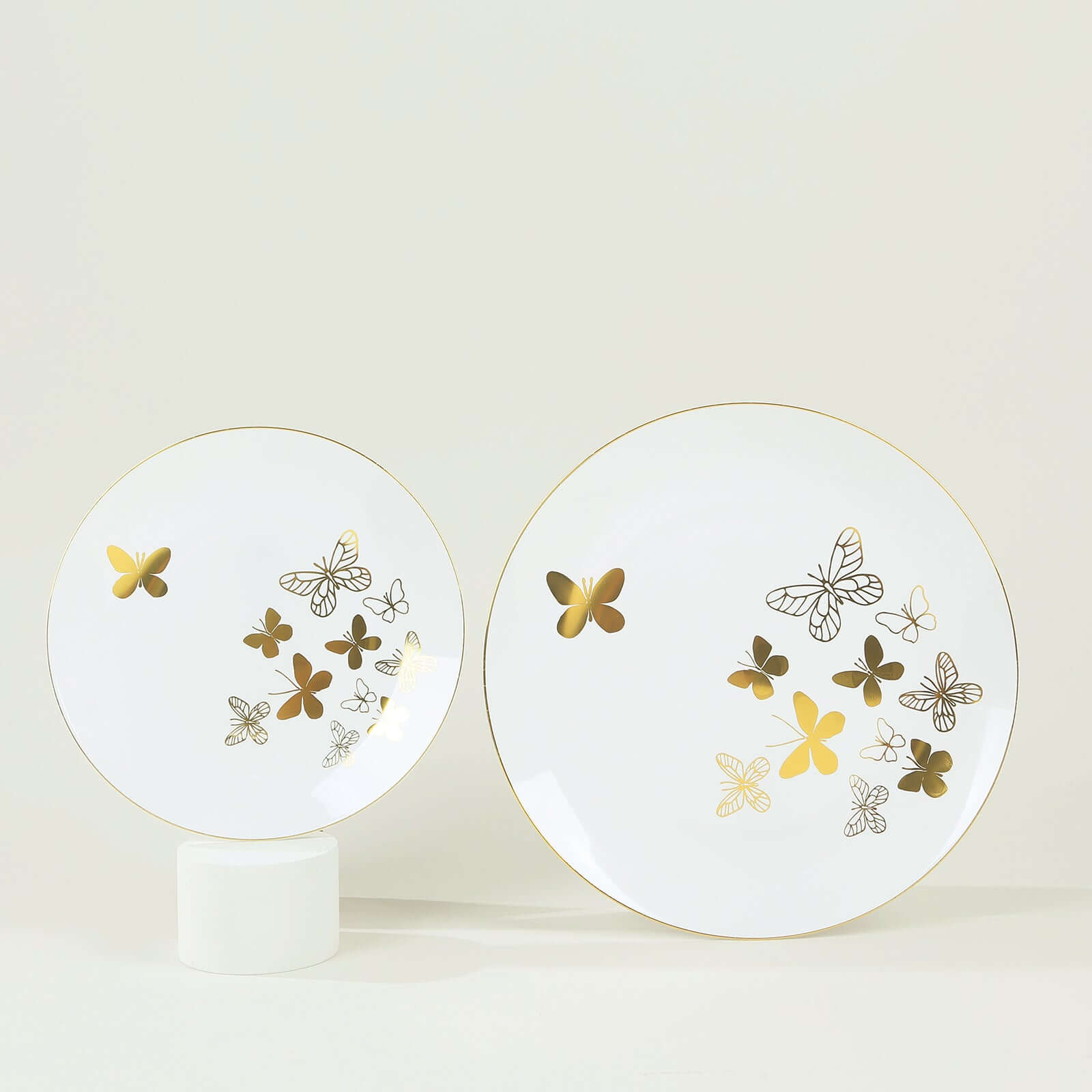 Set of 20 Plastic Round Dinner and Salad Plates in White with Gold Butterfly Design & Gold Rim - Stylish Disposable Dinnerware for Buffets & Catered Events 8", 10"