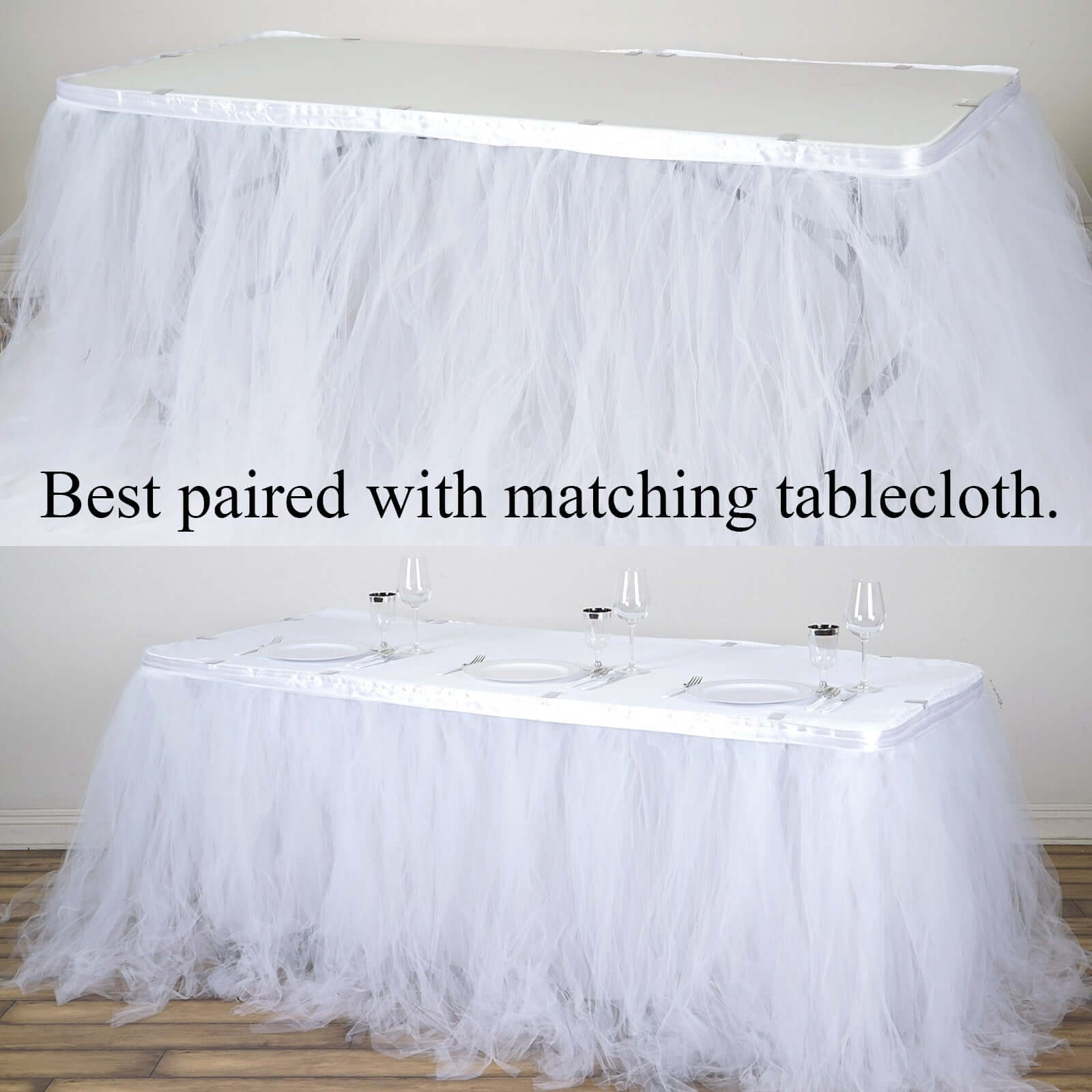 Tulle 21ft Table Skirt White - 4 Layer Pleated Tutu Chic & Soft Event Table Cover