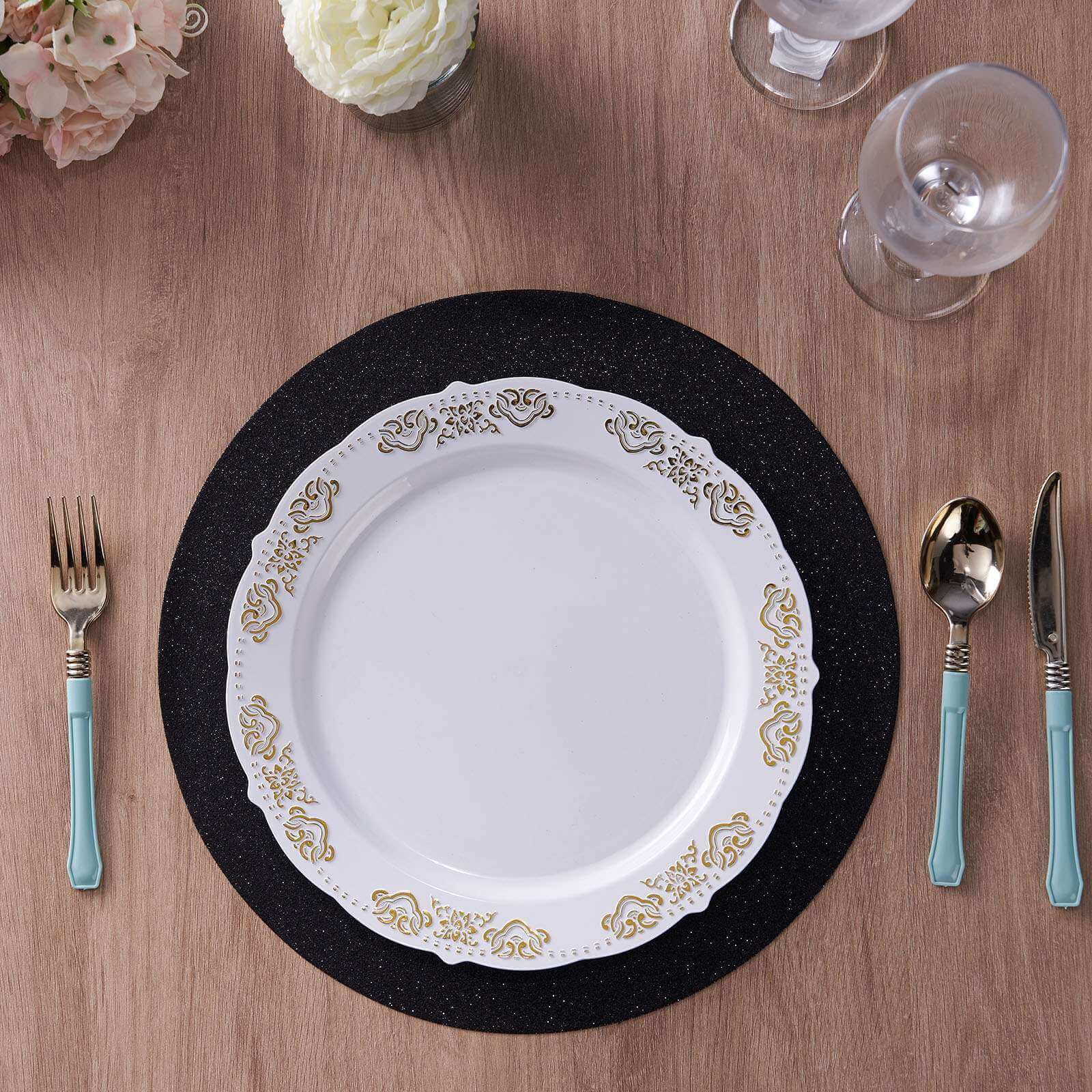 6-Pack Placemats Glitter Design Black Sparkle Round - Non-Slip Decorative Dining Table Mats 13"