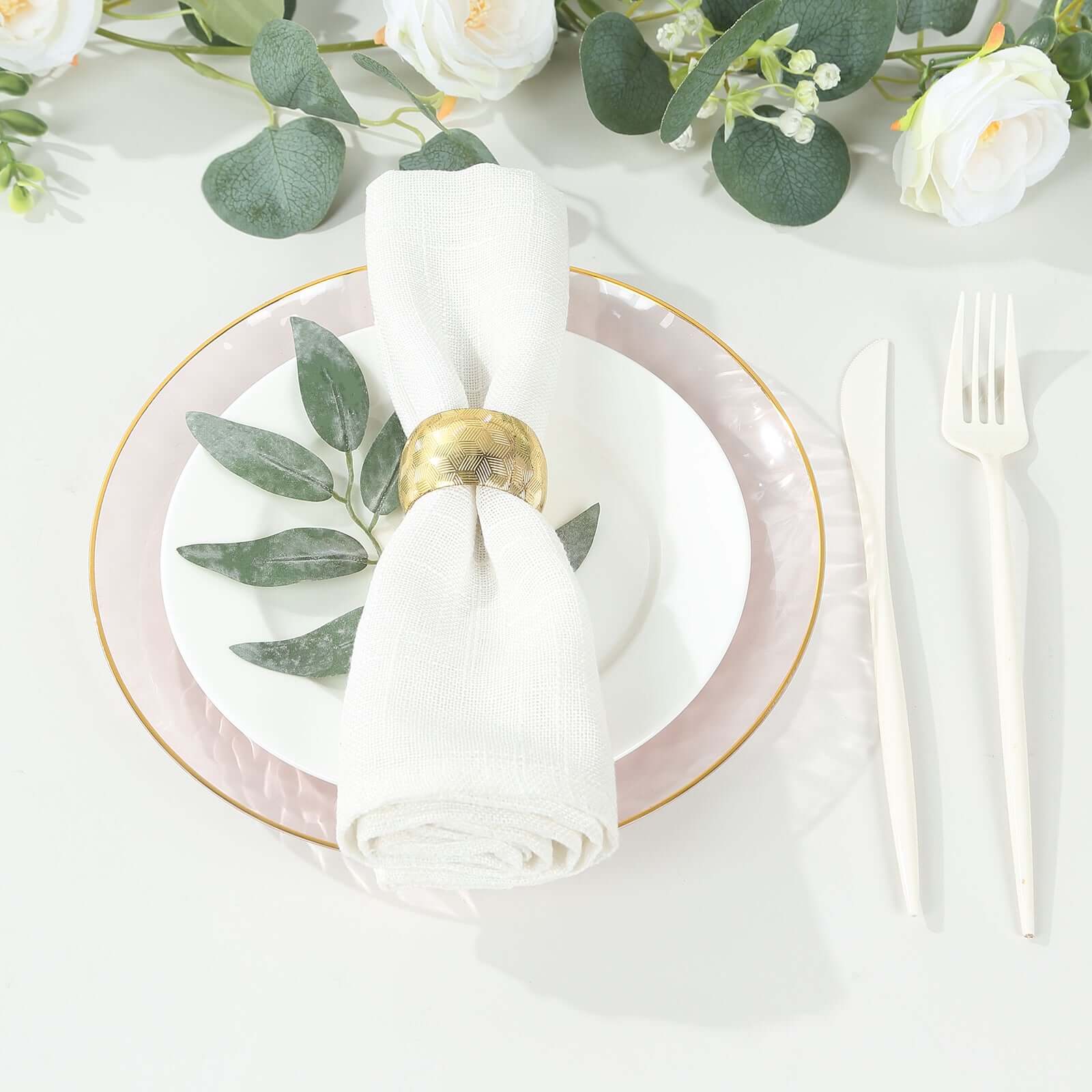 10-Pack Plastic 9" Round Dinner Plates in Transparent Blush Hammered Design with Gold Rim - Modern Disposable Party Plates