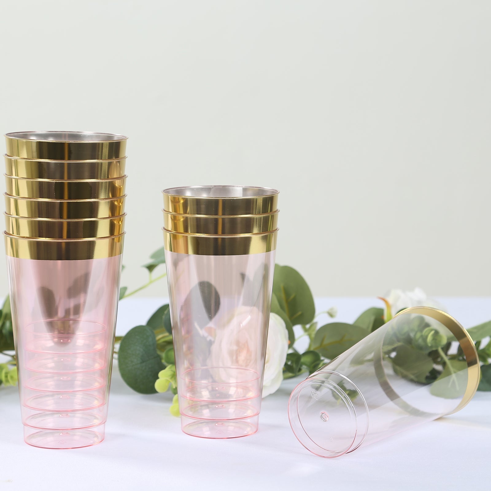 12-Pack Plastic Party Cups Transparent Blush with Gold Rim - Durable Disposable Tumblers for Drinks 17oz 5.5"