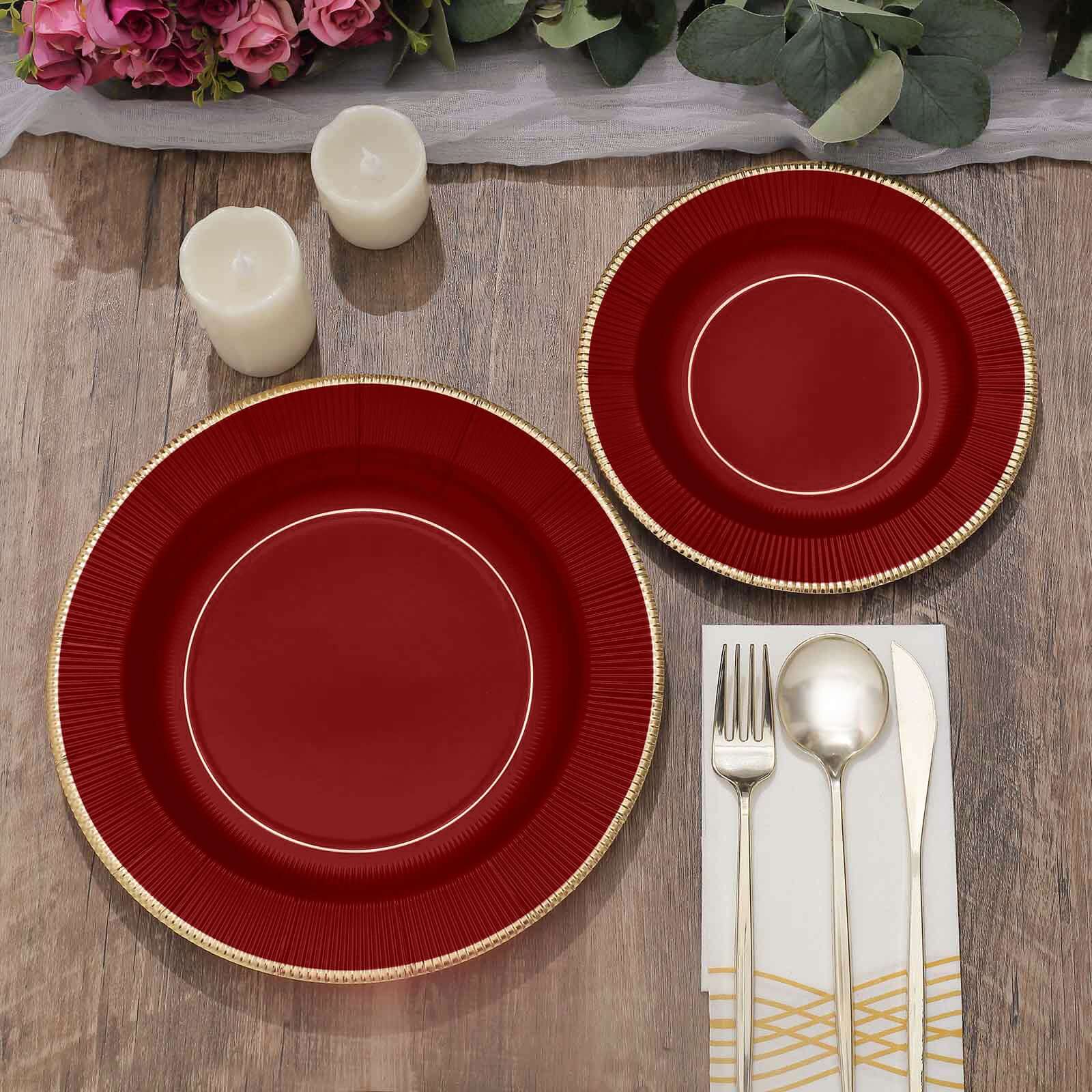 25-Pack Paper 10" Round Dinner Plates in Burgundy Sunray Design with Gold Rim - Disposable Heavy Duty 350GSM Party Plates