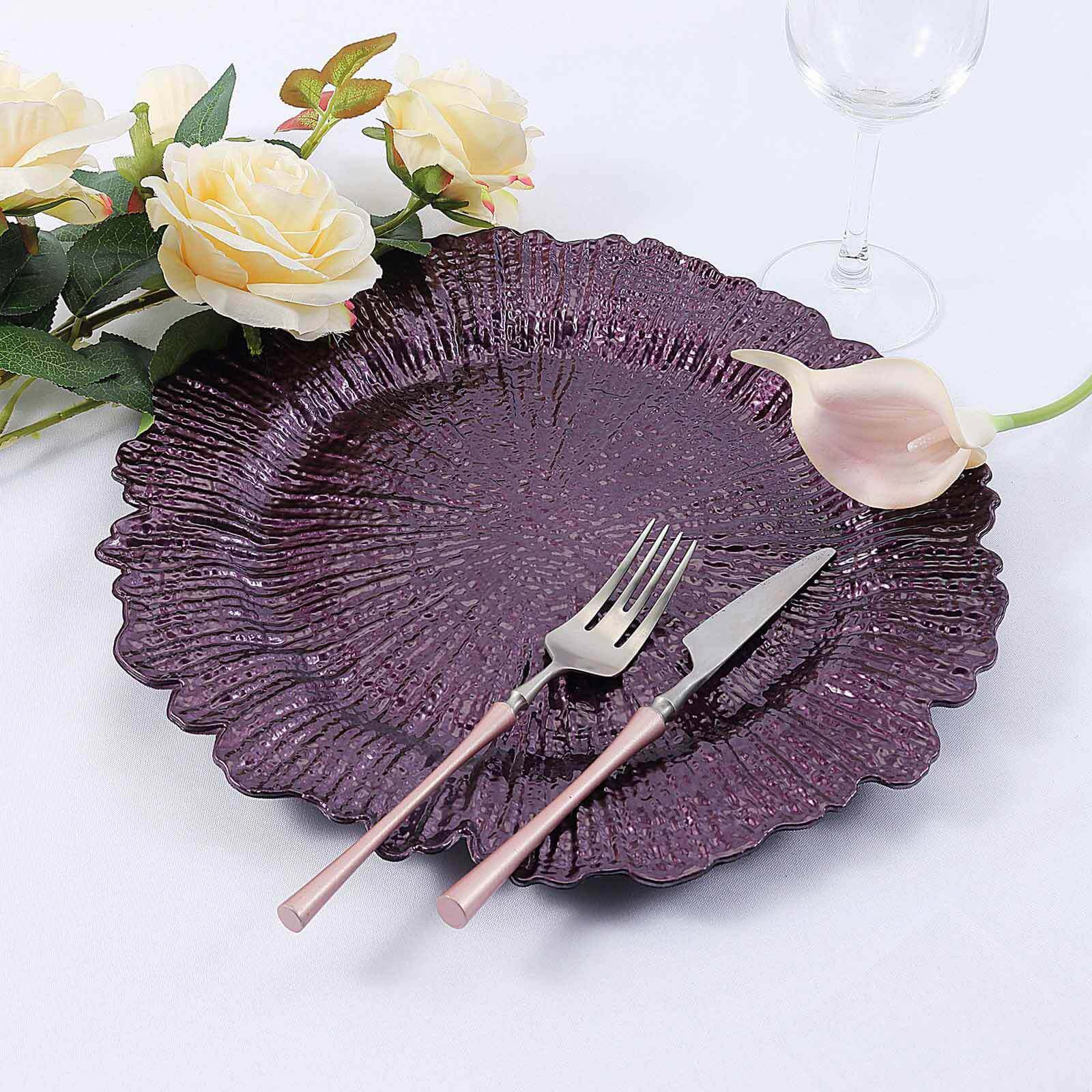 6-Pack Acrylic Plastic Round Charger Plates 13" in Purple with Reef Design, Dinner Charger Tableware