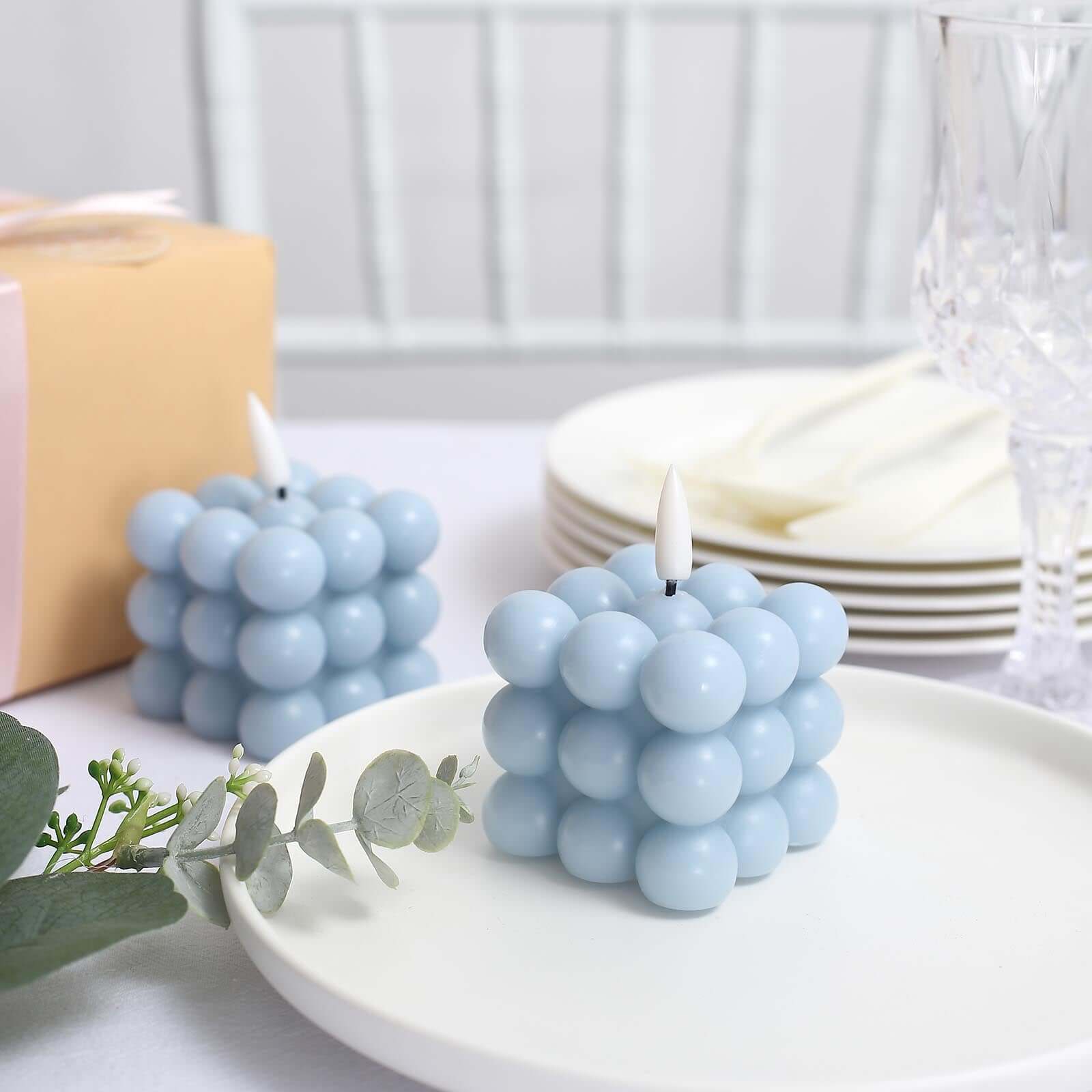 2-Pack LED Flameless Cube Candles Flickering Warm White Dusty Blue - Battery Operated Bubble Design 2"