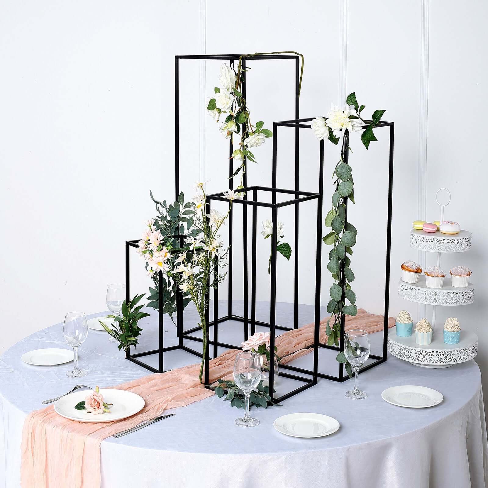 Set of 4 Metal Flower Stands Frame Wedding Column Centerpieces Matte Black - Durable Display 16"/24"/32"/40"