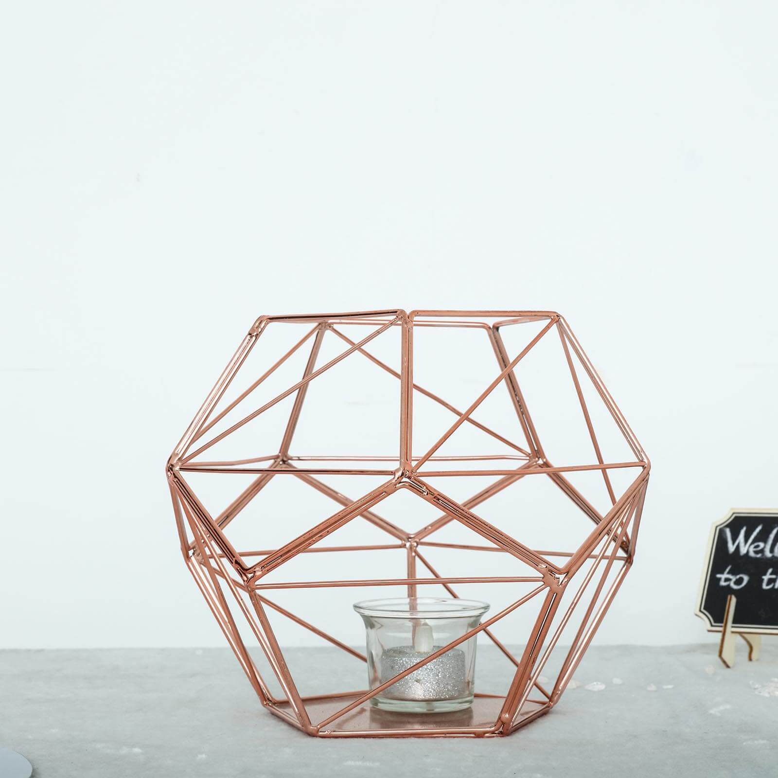 Tealight Candle Holder Rose Gold Metal Pentagon Prism Geometric Open Frame - Flower Stand 7"