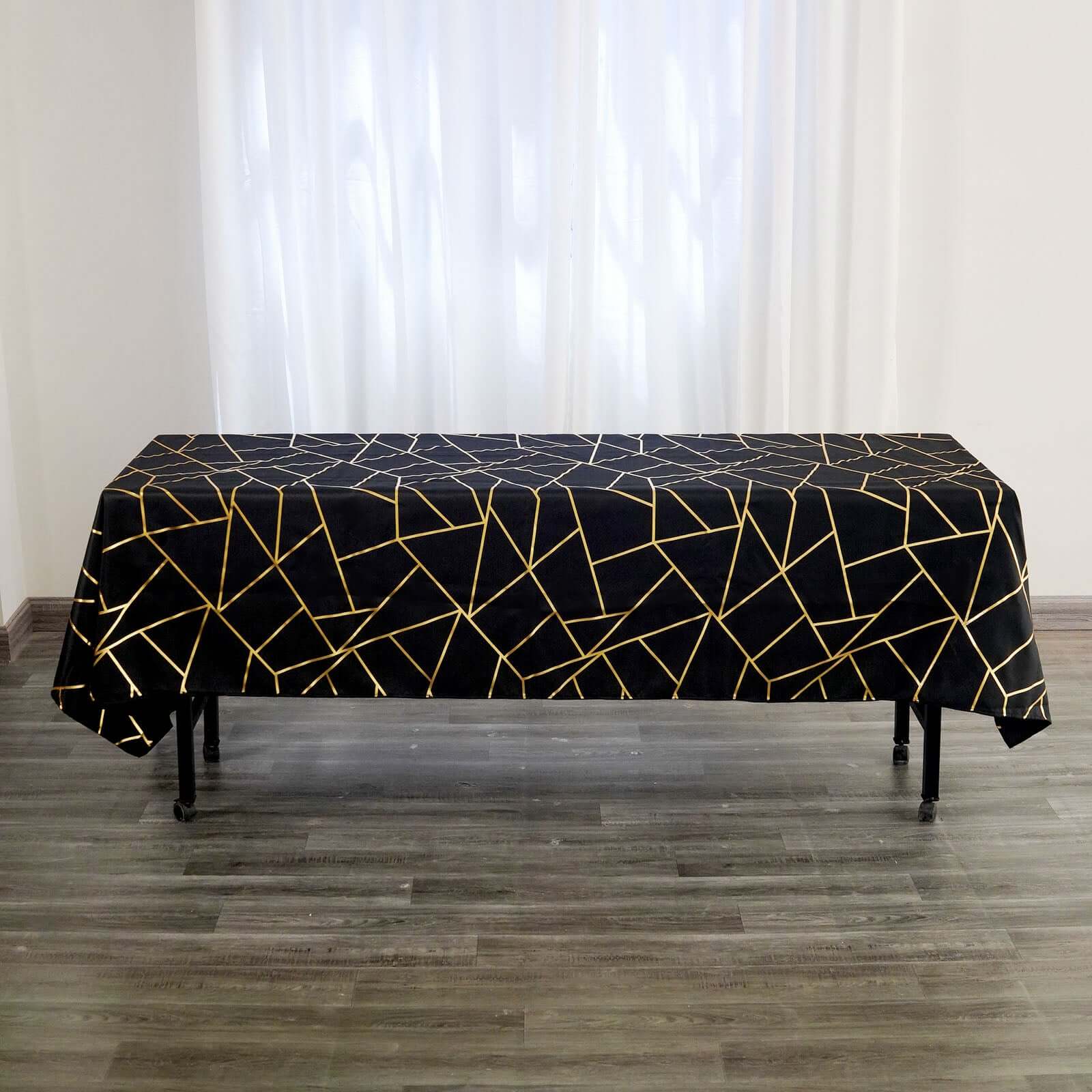 Polyester 60"x102" Rectangle Tablecloth Black with Gold Foil Geometric Pattern - Wrinkle-Resistant & Durable Table Cover
