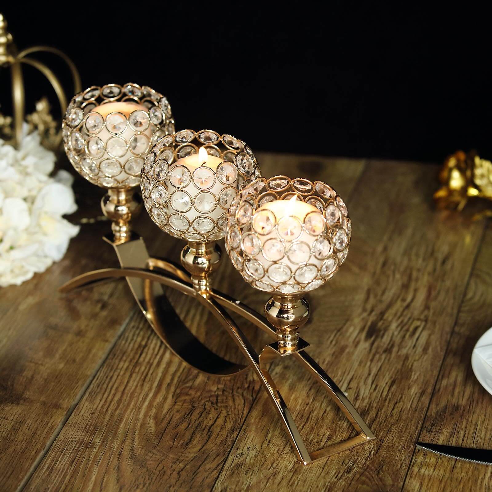 3-Arm Arch Bridge Candelabra Gold with Crystal Beads - Chic Table Centerpiece for Events 16"