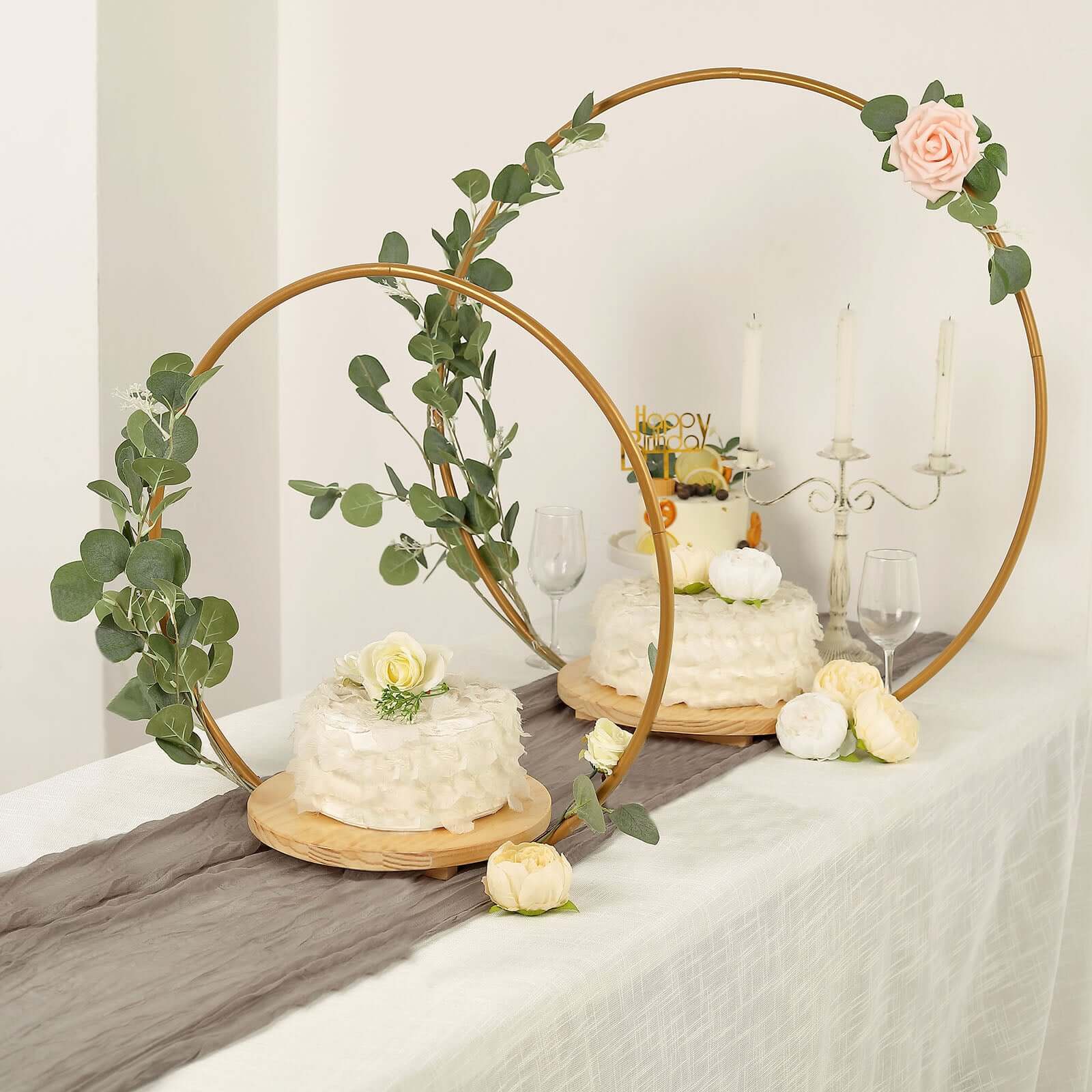 Metal Round Floral Hoop Cake Stand Gold - Chic Geometric Dessert Display DIY Centerpiece Table Decoration With Wooden Base 20"
