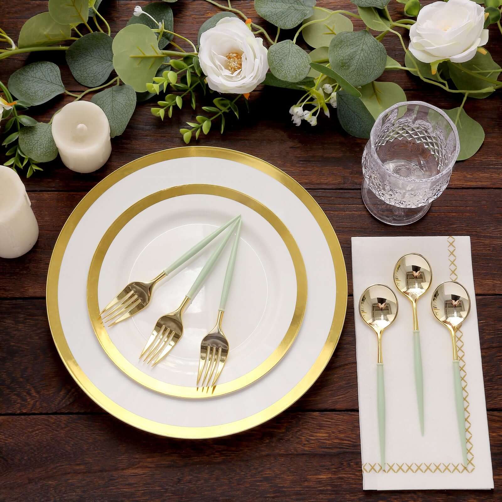 24-Pack Plastic Fork and Spoon Set Metallic Gold/Sage Green - Heavy Duty Disposable Modern Utensils 6"