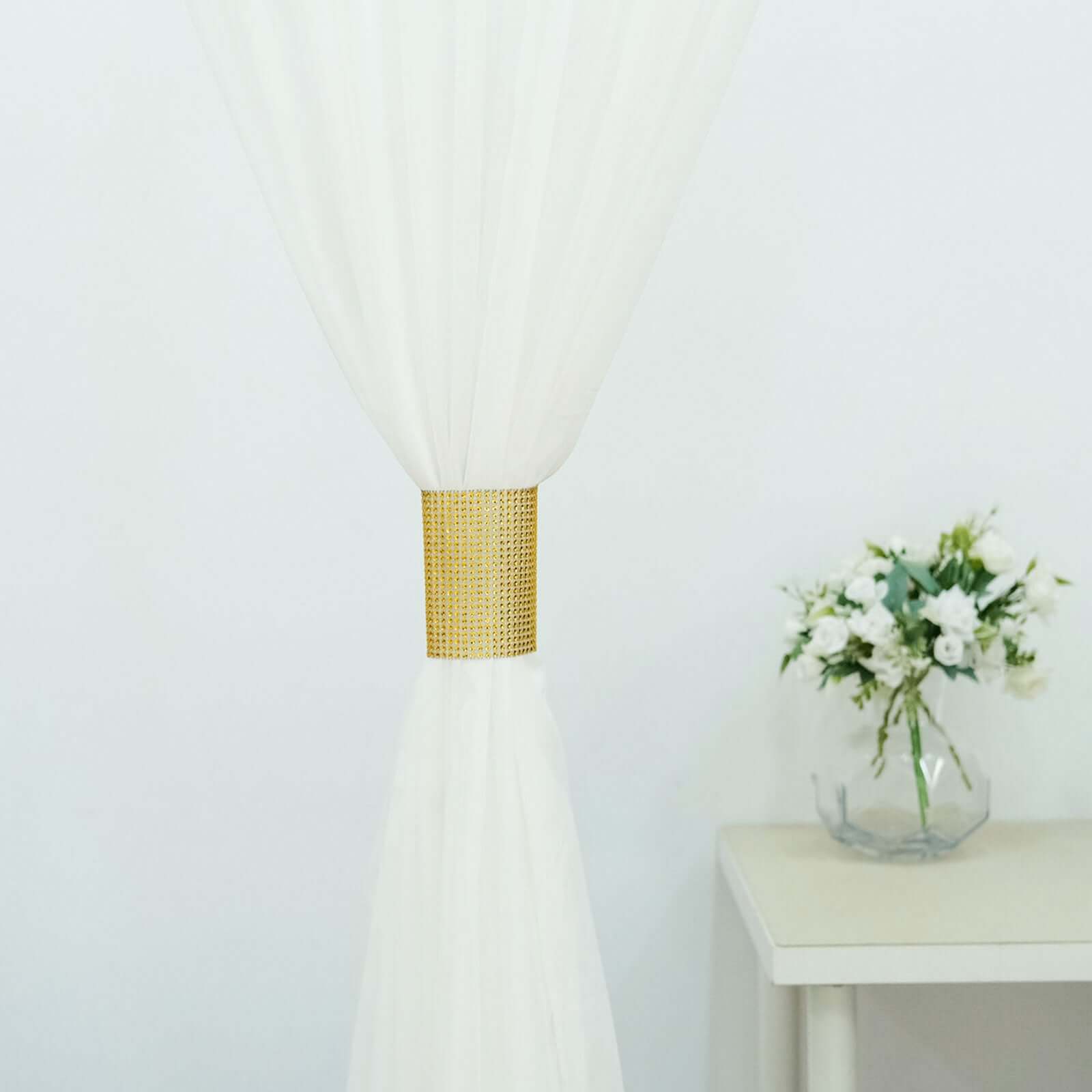 4 Pack Gold Rhinestone Mesh Velcro Backdrop Curtain Bands, Large Chair Sash Clip Tie Backs - 5"X10"