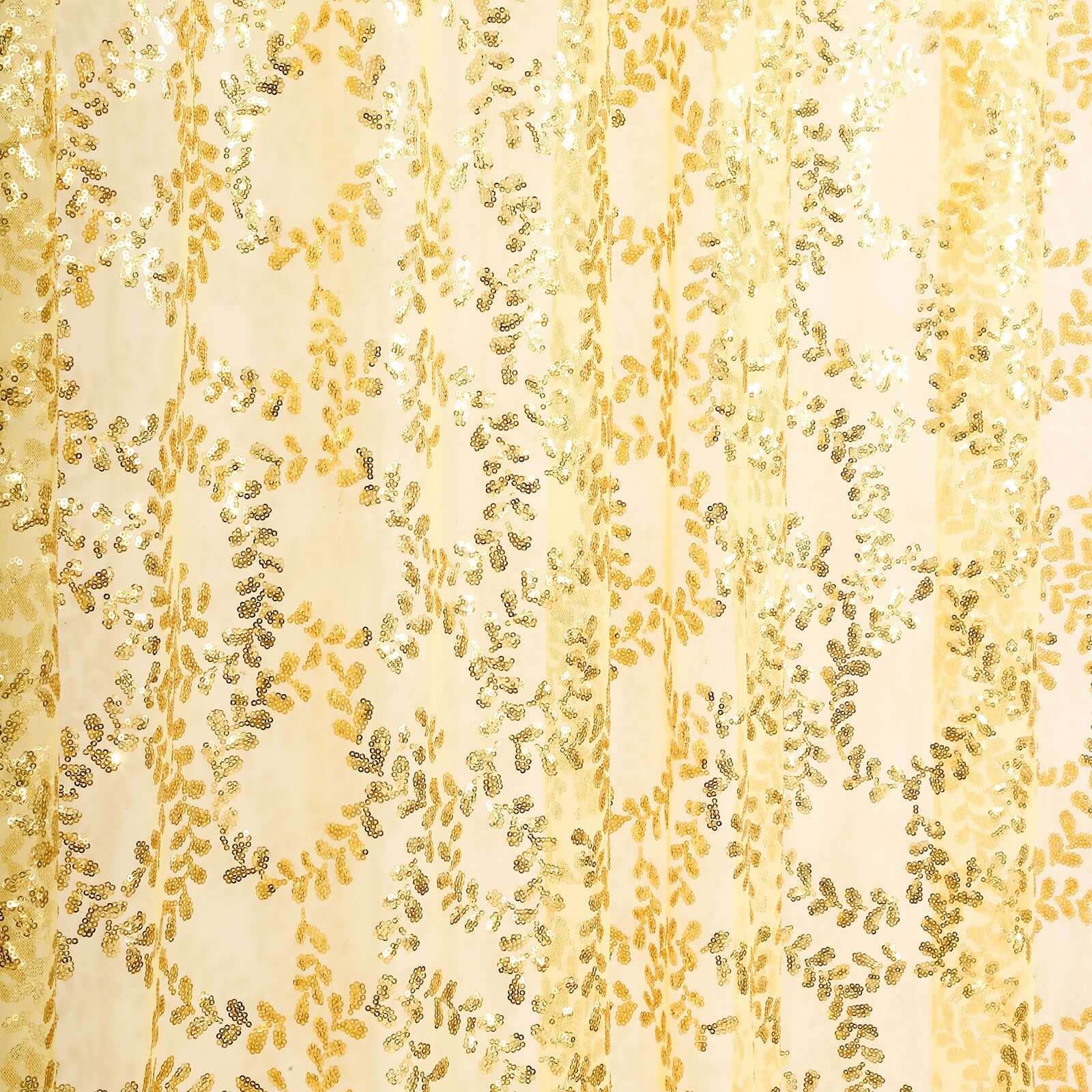 8ftx8ft Gold Embroider Sequin Event Curtain Drapes, Sparkly Sheer Backdrop Event Panel With Embroidery Leaf