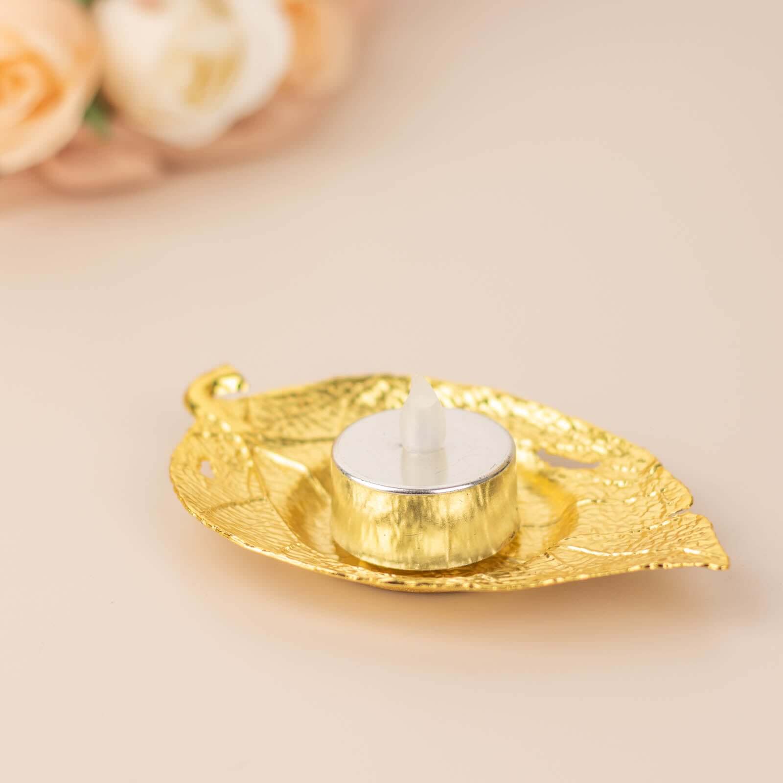 3-Pack Metal Votive Candle Holders Maple Leaf Design Shiny Gold - Vintage Mini Tea Cup Saucers 5"