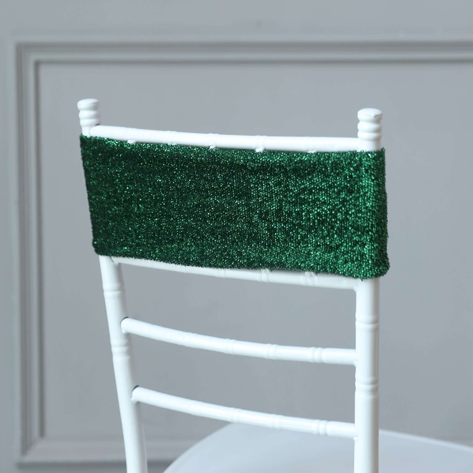 5 Pack Metallic Shimmer Tinsel Spandex Chair Sashes Hunter Emerald Green - Durable and Reusable Stretch Chair Bands
