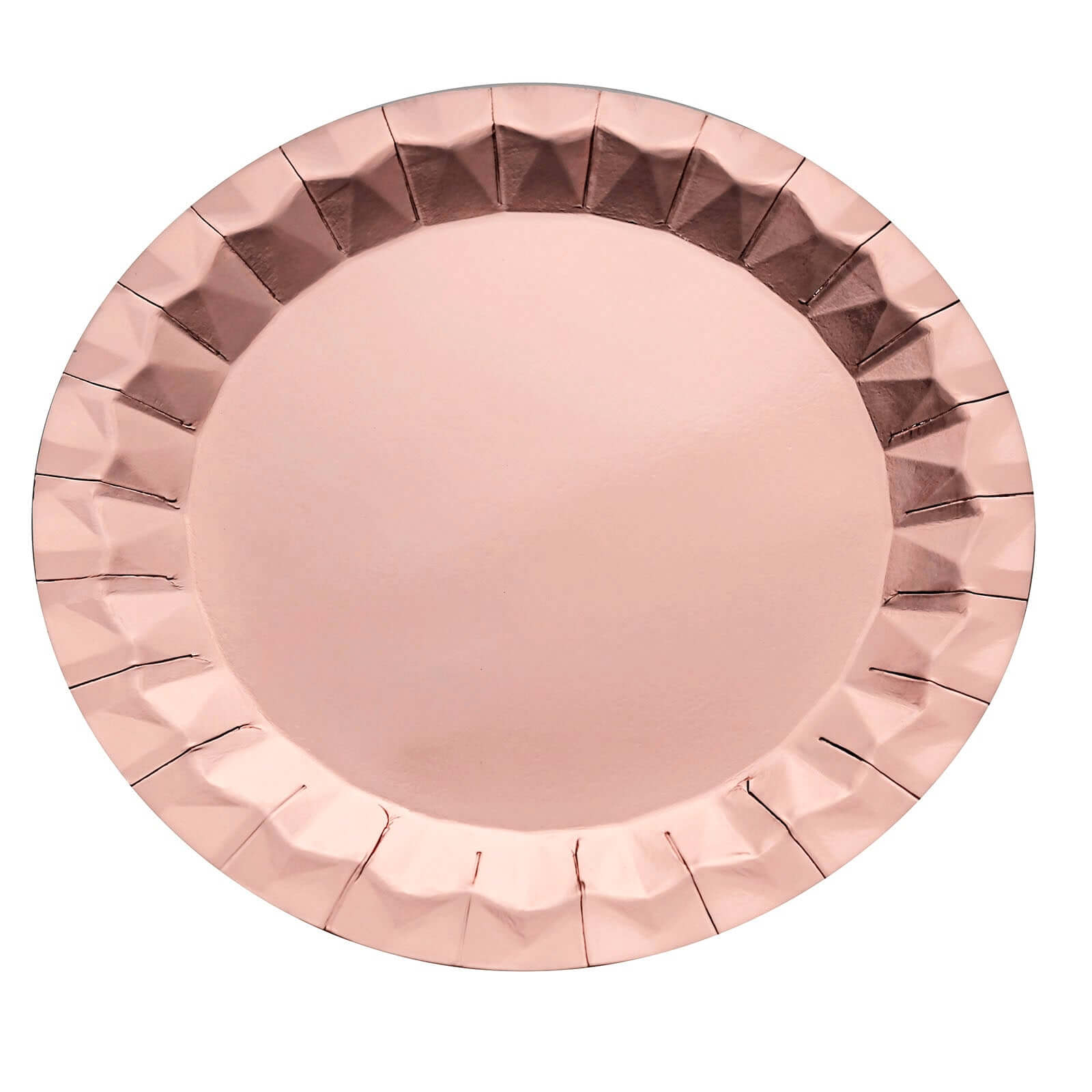 25-Pack Paper 12" Round Charger Plates in Metallic Rose Gold with Geometric Prism Design - Disposable 400GSM Serving Trays