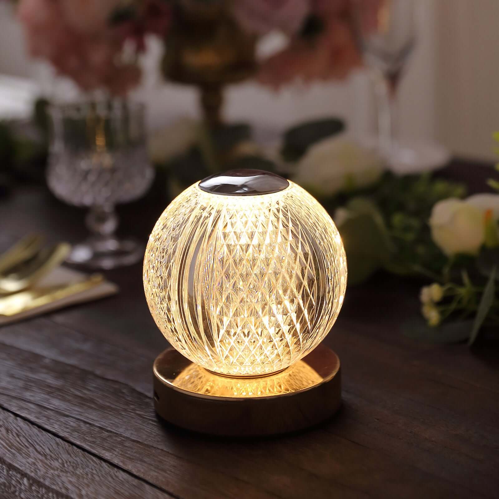 Acrylic LED Table Lamp Diamond Cut Ball Design Rechargeable - Dimmable Touch Control Decorative Night Light 5"