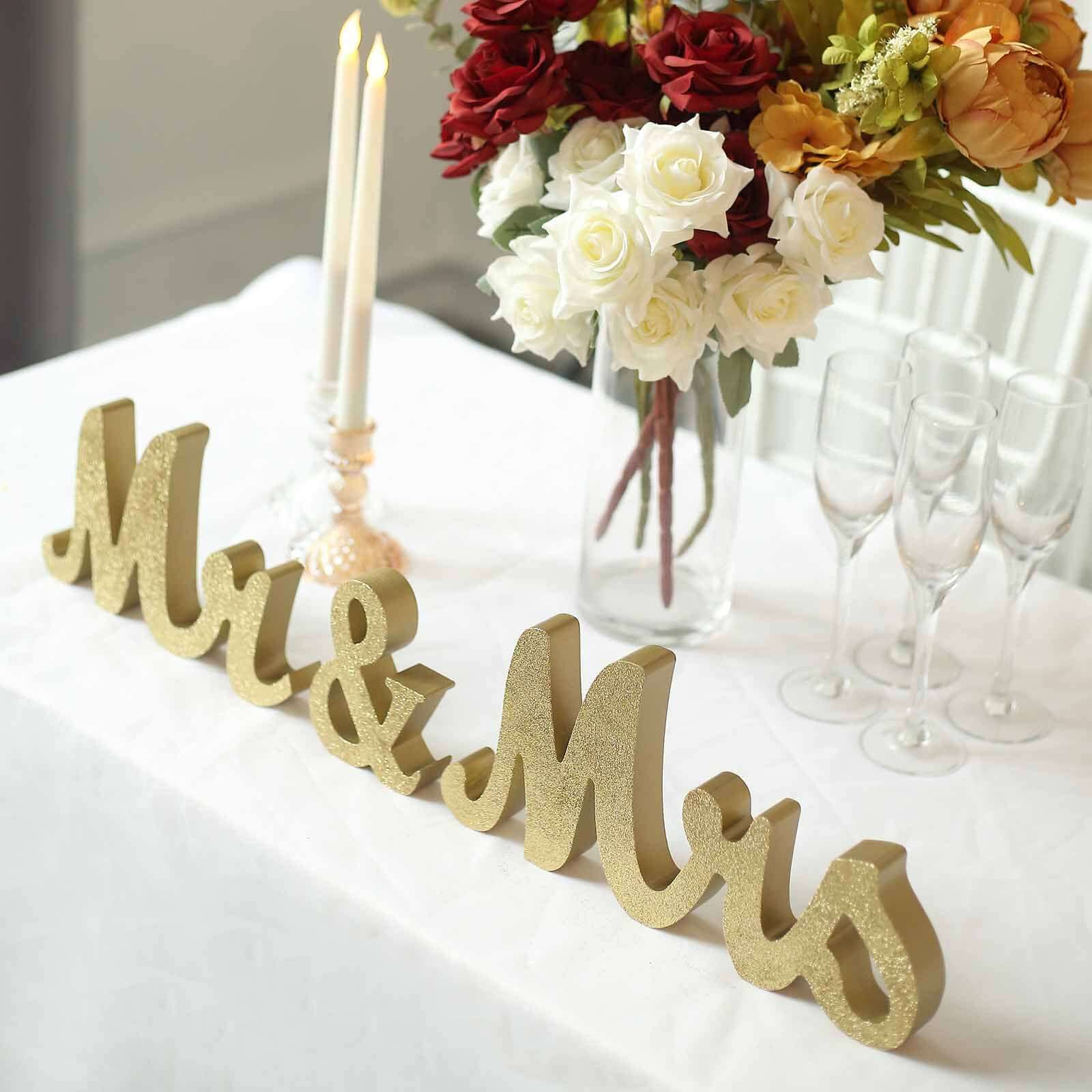Wooden "Mr & Mrs" Freestanding Letters Gold Glittered - Rustic Glam Wedding Table Display Signs