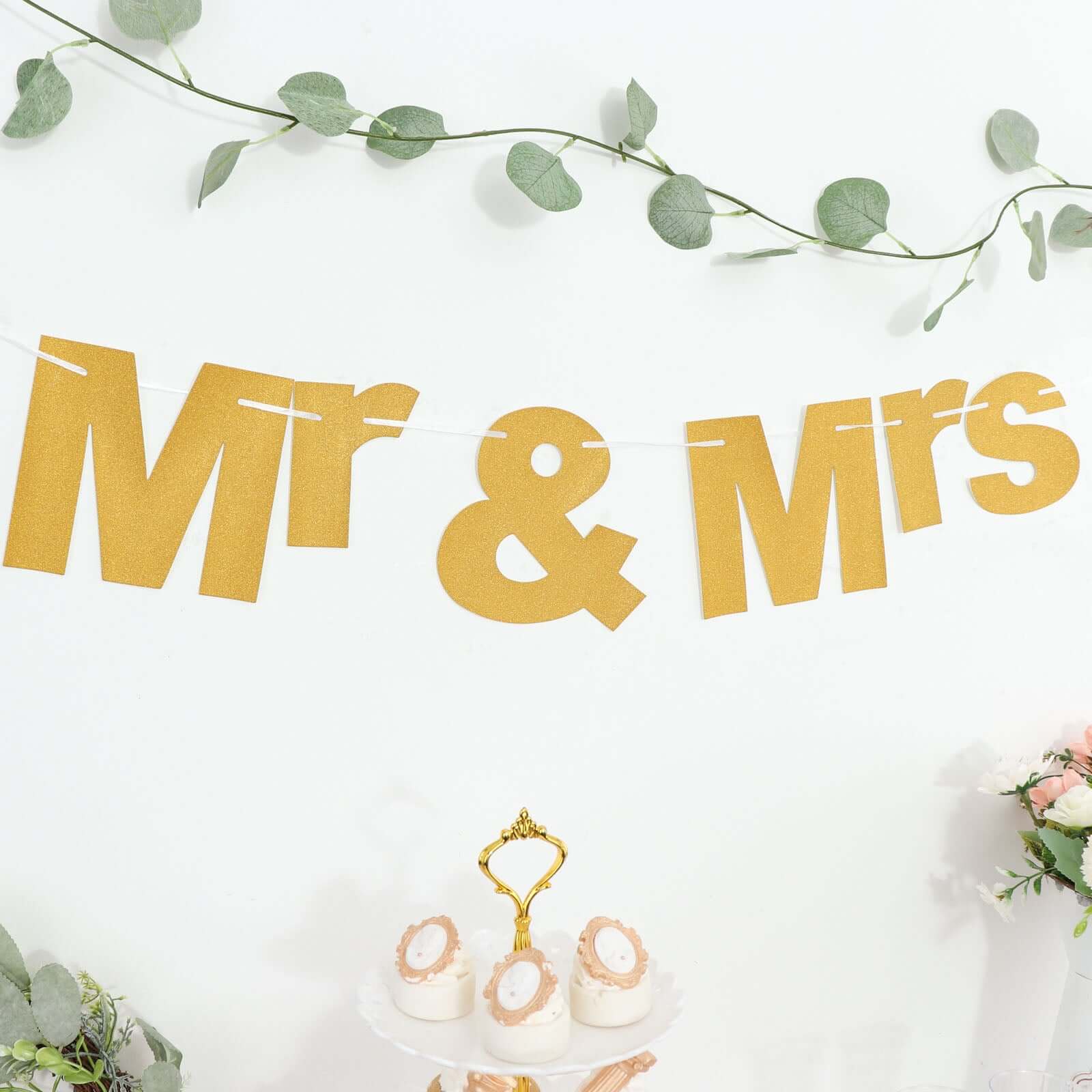 3ft Gold Glittered Mr and Mrs Paper Hanging Wedding Anniversary Banner, Party Garland Banner