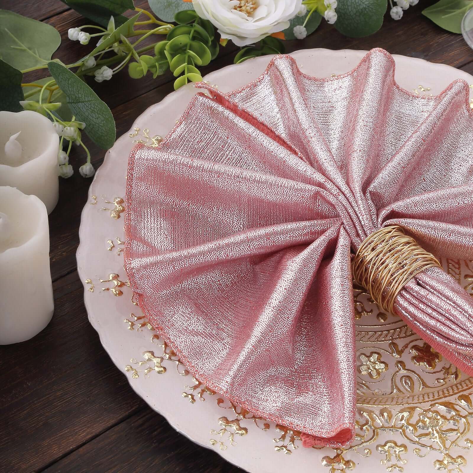 5 Pack Polyester 20"x20" Napkins Rose Gold Shimmer Sequin Dots - Luminous Cloth Napkins