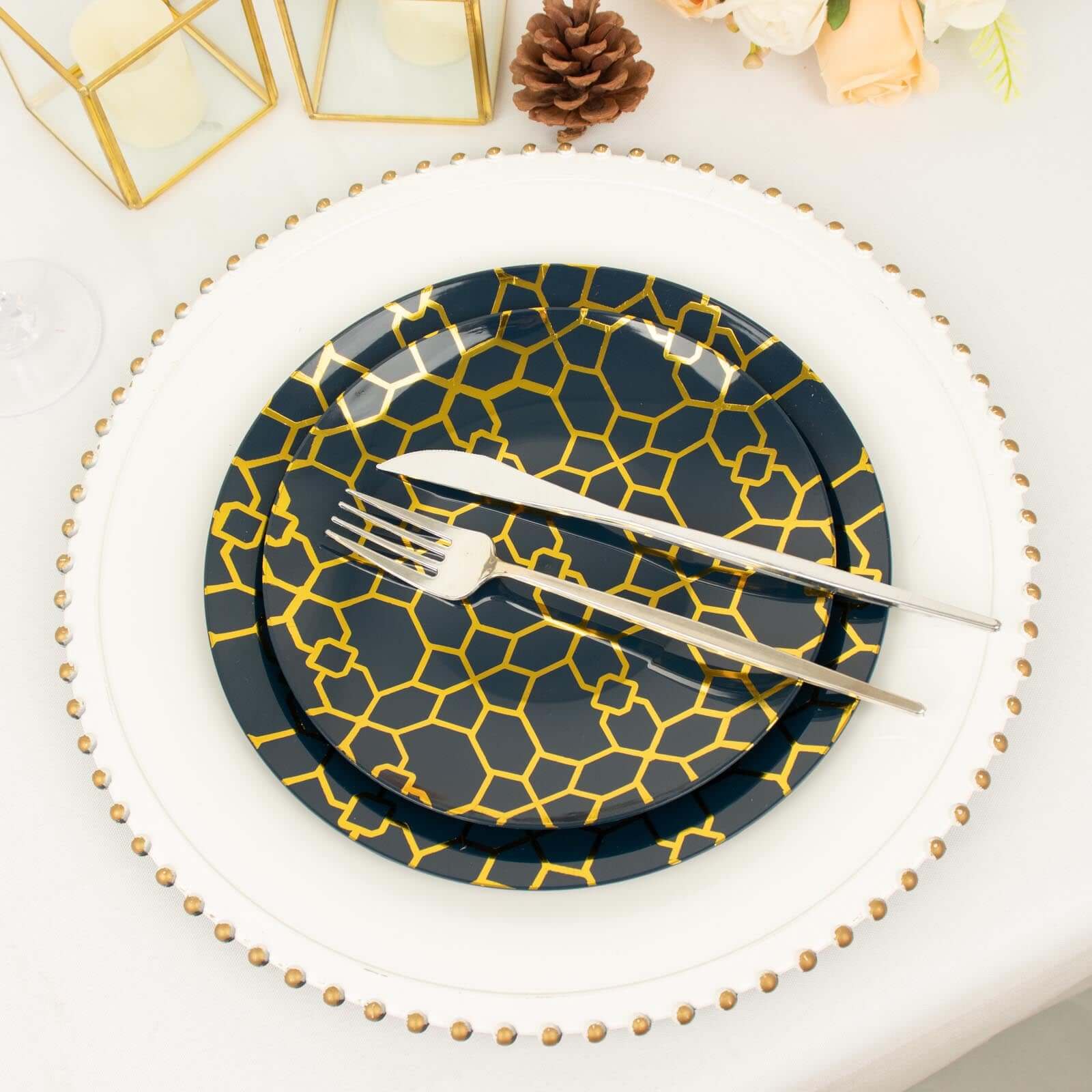 20-Pack Set Plastic Round Dinner and Salad Plates in Navy Blue with Geometric Gold Print - Modern Disposable Dinnerware Set for Weddings & Celebrations 9", 7"