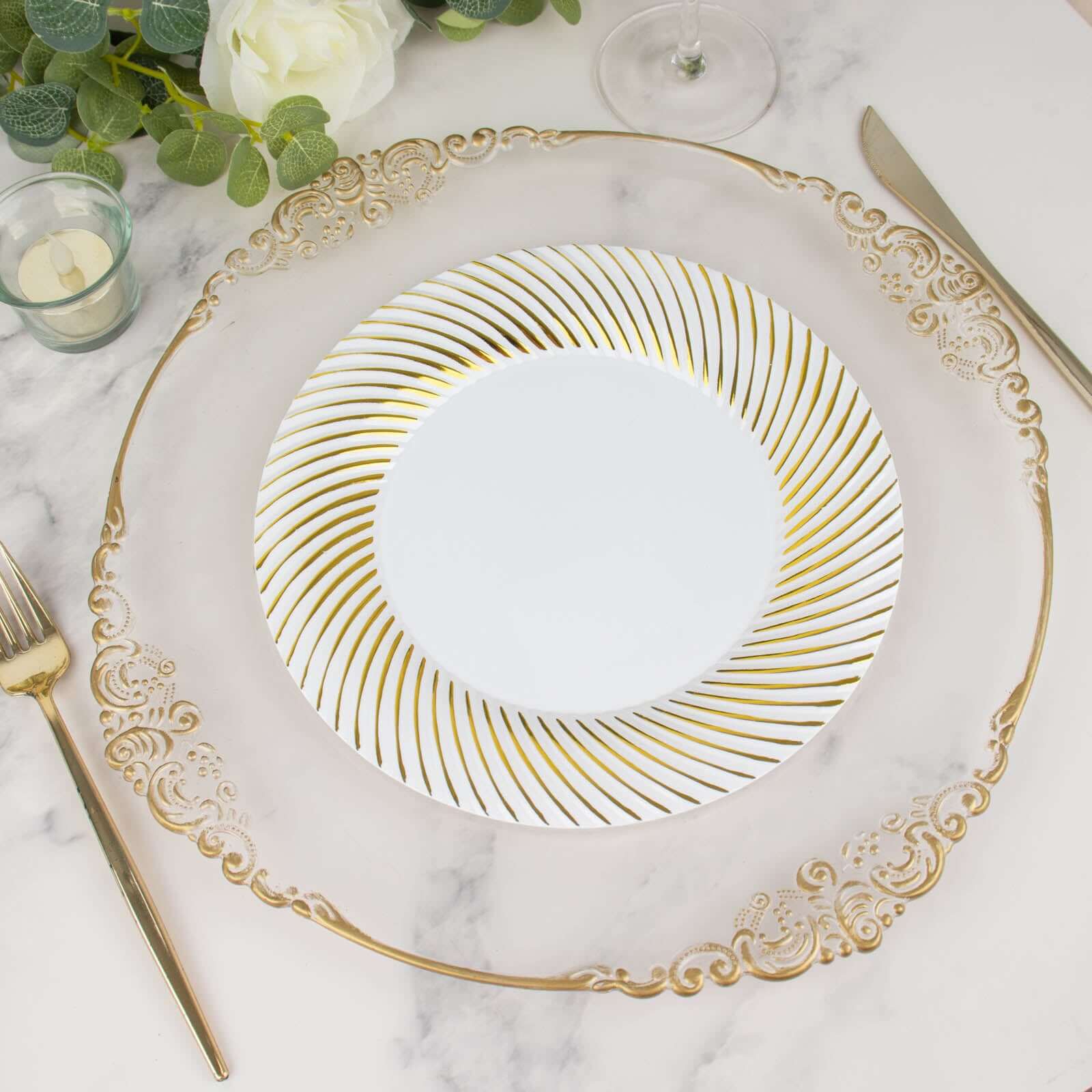 10-Pack Plastic 9" Round Dinner Plates White with Gold Swirl Rim - Disposable Party Plates
