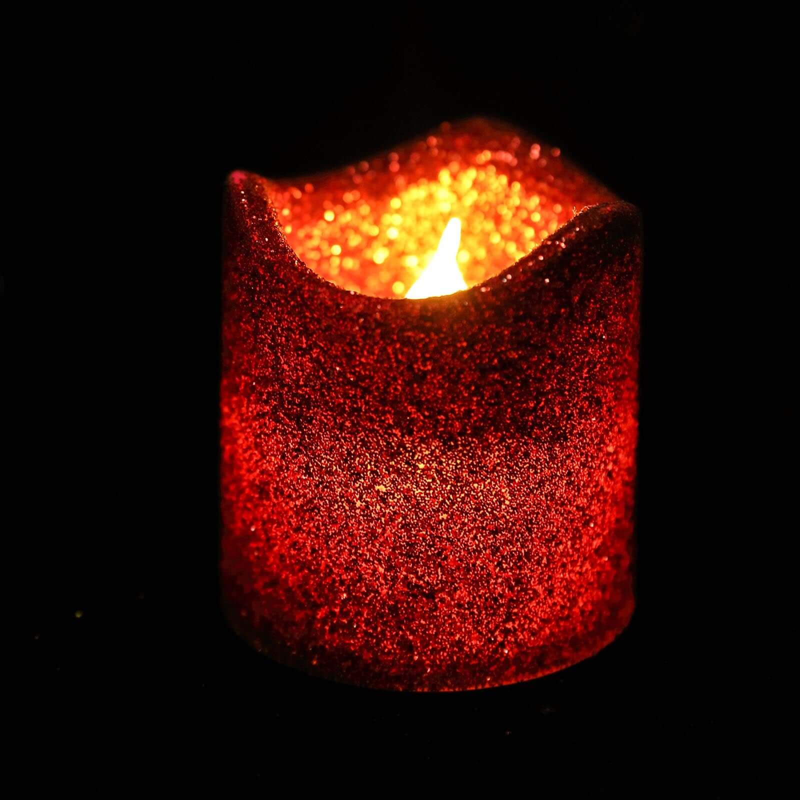 12-Pack LED Votive Candles Glittered Red Design - Reusable Flameless Battery Operated Lights