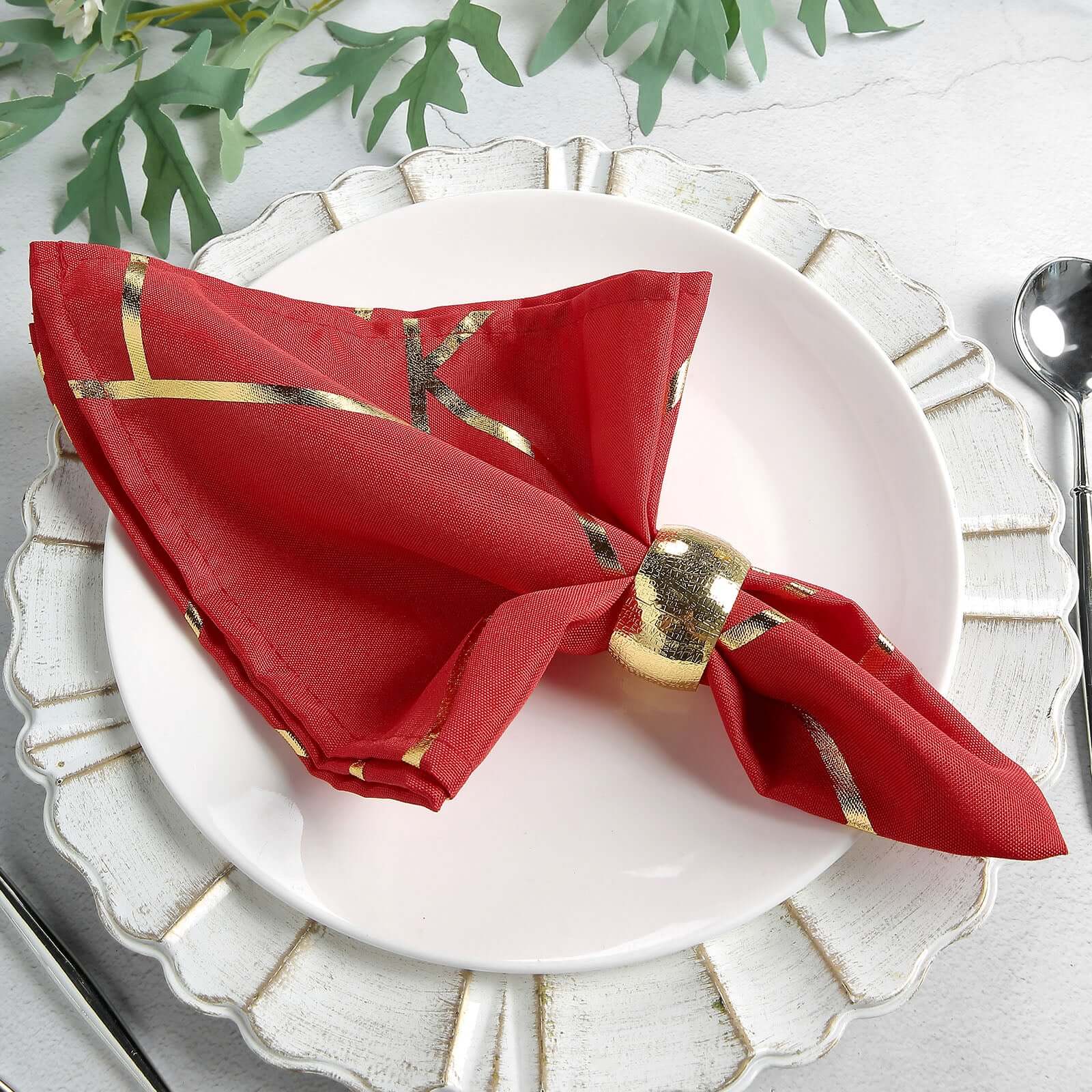 5 Pack Polyester 20"x20" Napkins Red with Gold Geometric Foil Pattern - Modern Reusable Dinner Napkins