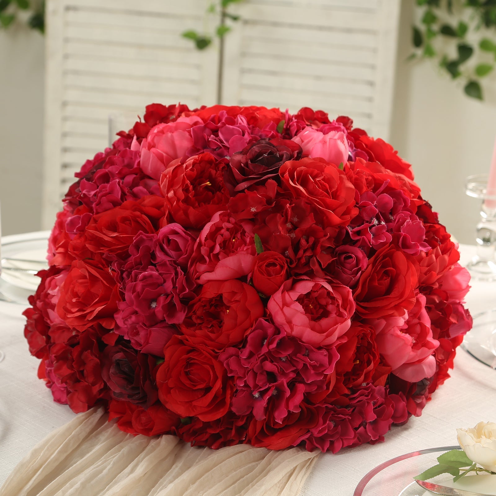 Pre-Arranged Silk Rose Wedding Centerpiece, Red Artificial Rose Flower Balls Arrangement Table Decor - 20"