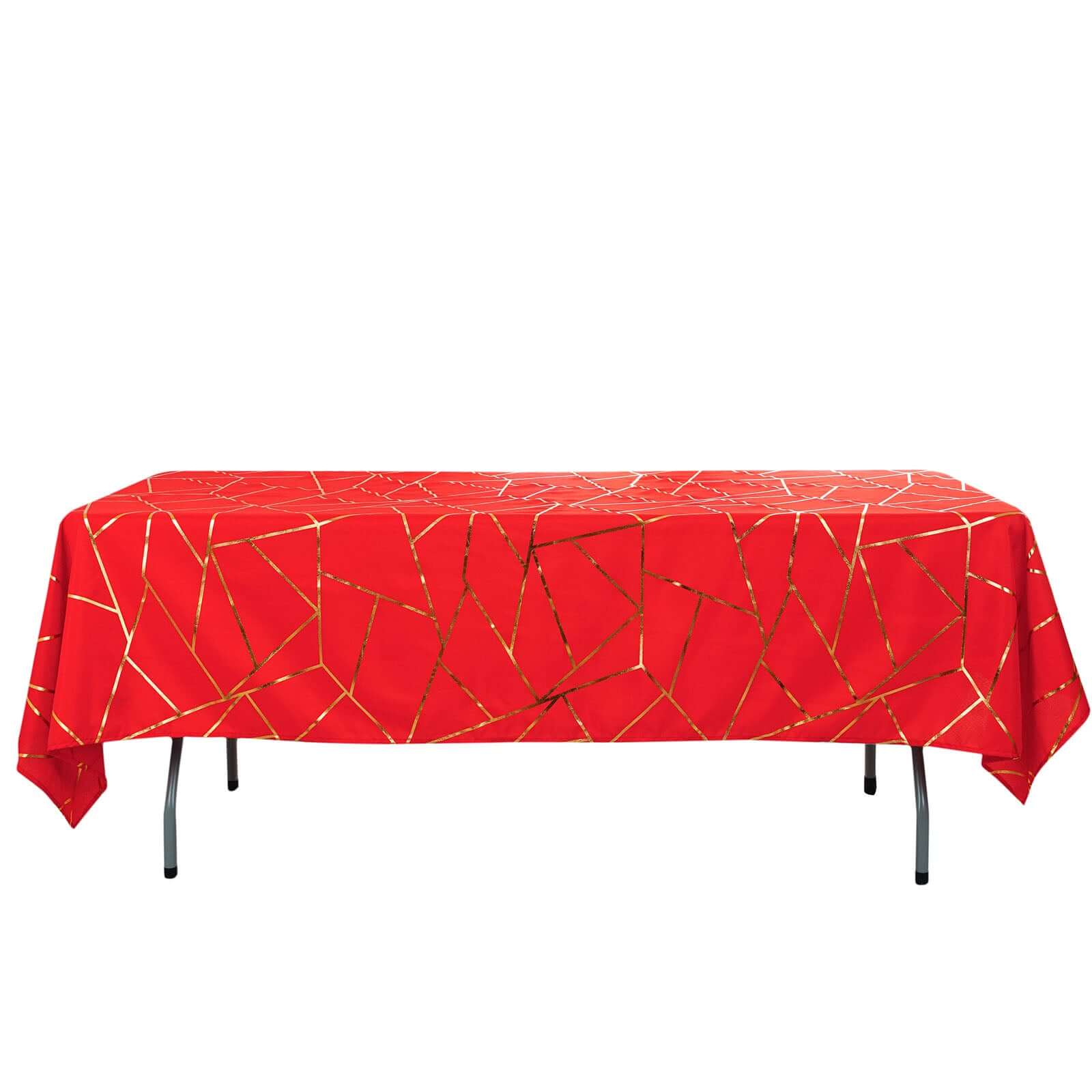 Polyester 60"x102" Rectangle Tablecloth Red with Gold Foil Geometric Pattern - Wrinkle-Resistant & Durable Table Cover