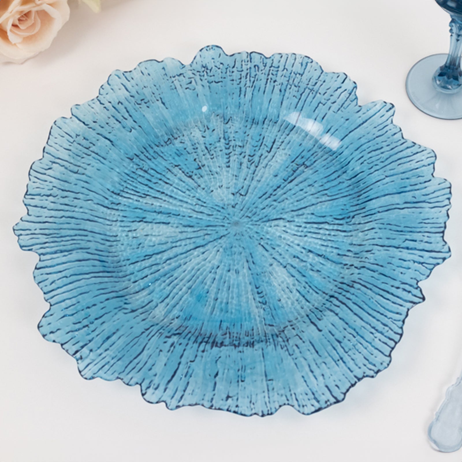 6-Pack Acrylic Plastic Round Charger Plates 13" in Transparent Dusty Blue with Reef Design, Dinner Charger Tableware