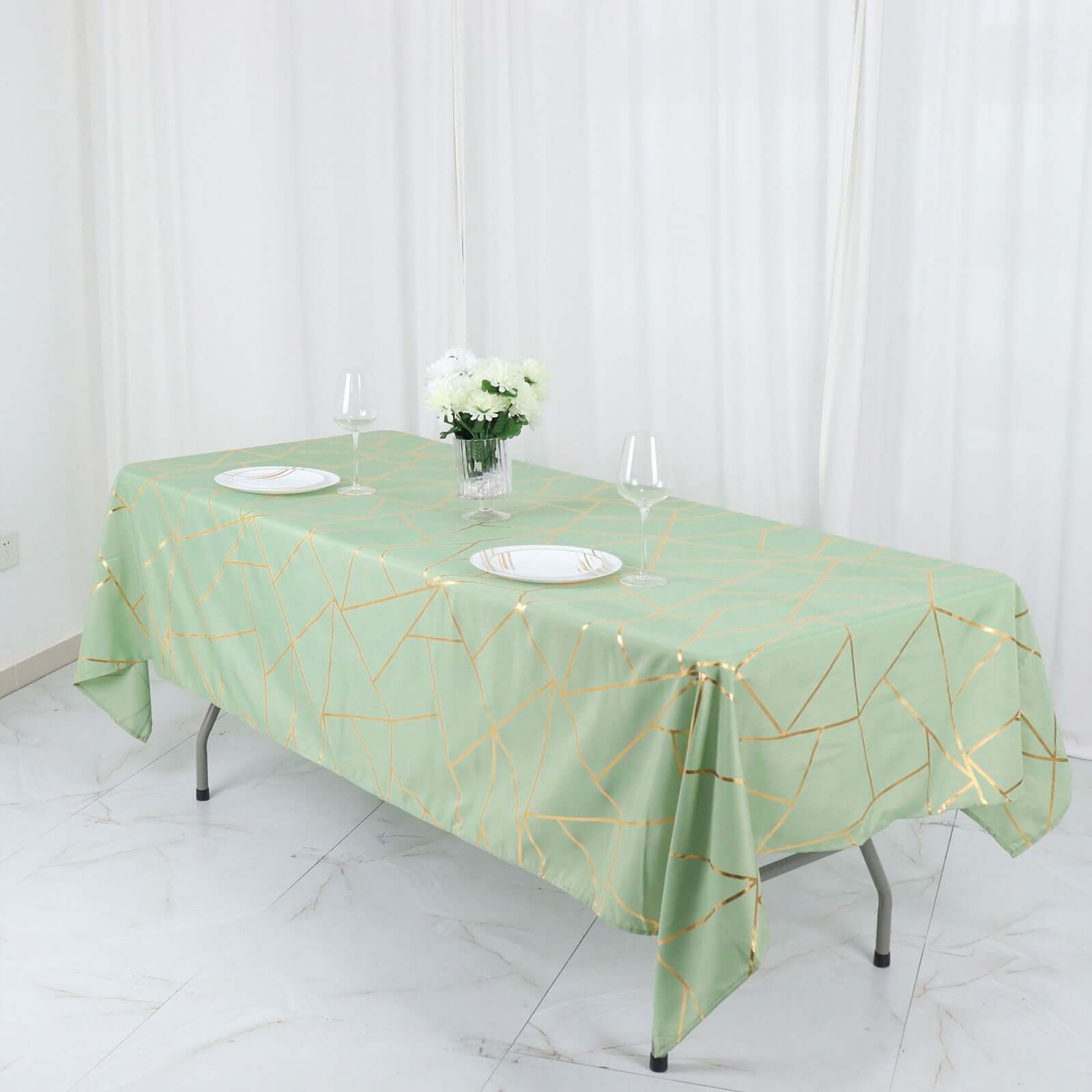Polyester 60"x102" Rectangle Tablecloth Sage Green with Gold Foil Geometric Pattern - Wrinkle-Resistant & Durable Table Cover