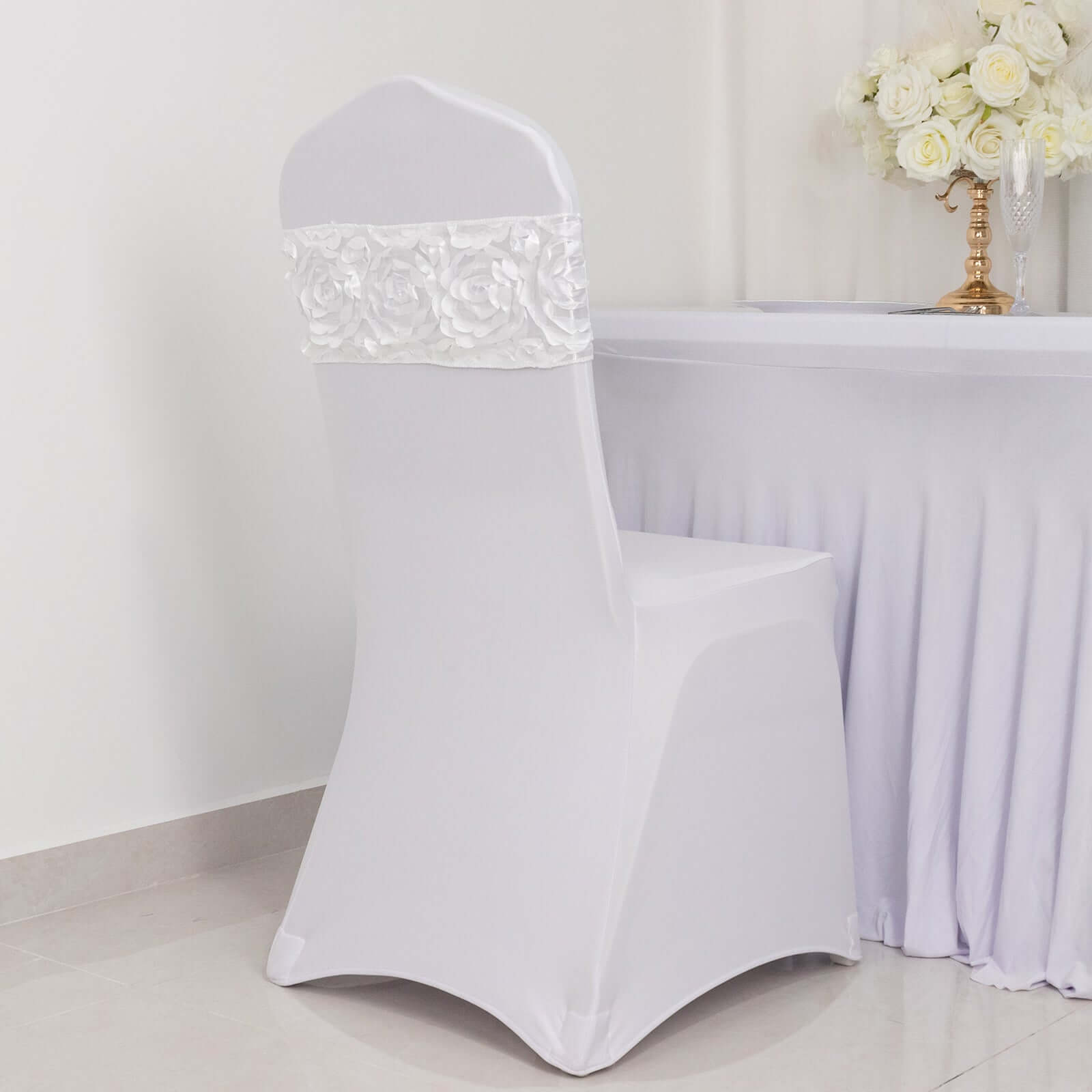 5 Pack Satin Spandex Chair Sashes White - Exquisite Rosette Design Stretch Chair Bands 6"x14"
