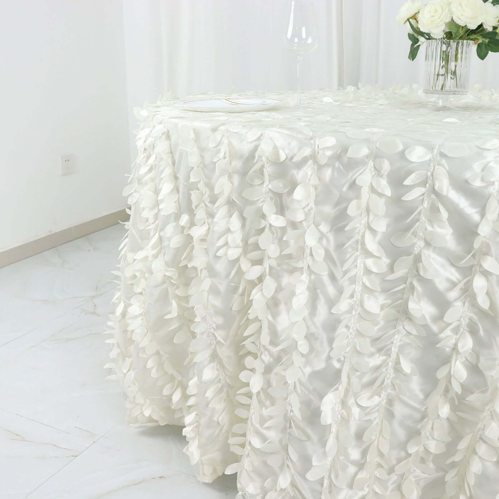 Taffeta 132" Round Tablecloth Ivory | 3D Leaf Petal Design Seamless Table Cover