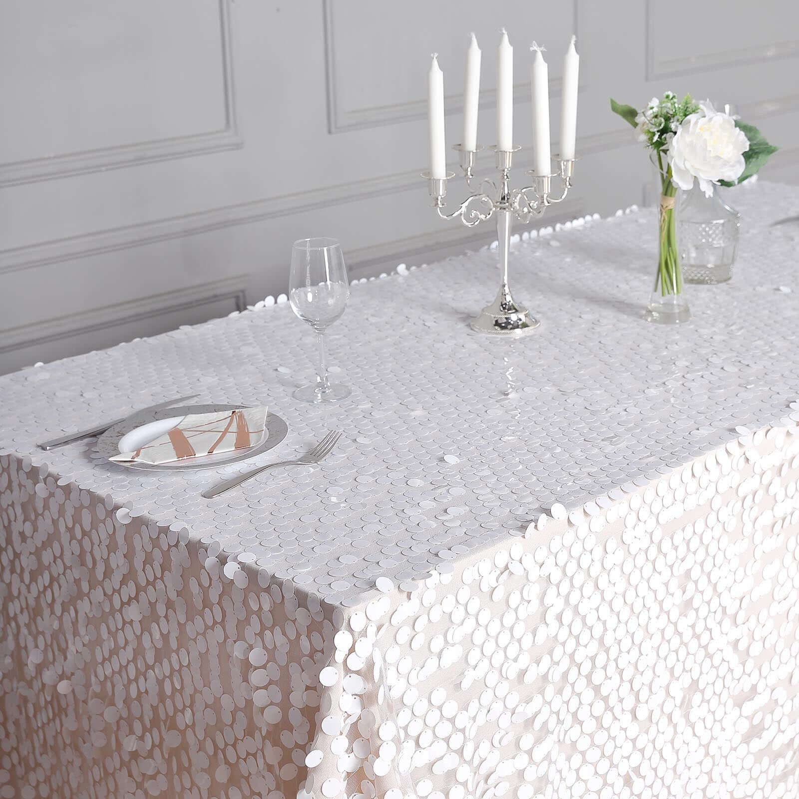 Sequin 90"x132" Rectangle Tablecloth White - Seamless Big Payette Design for Sophisticated Occasions