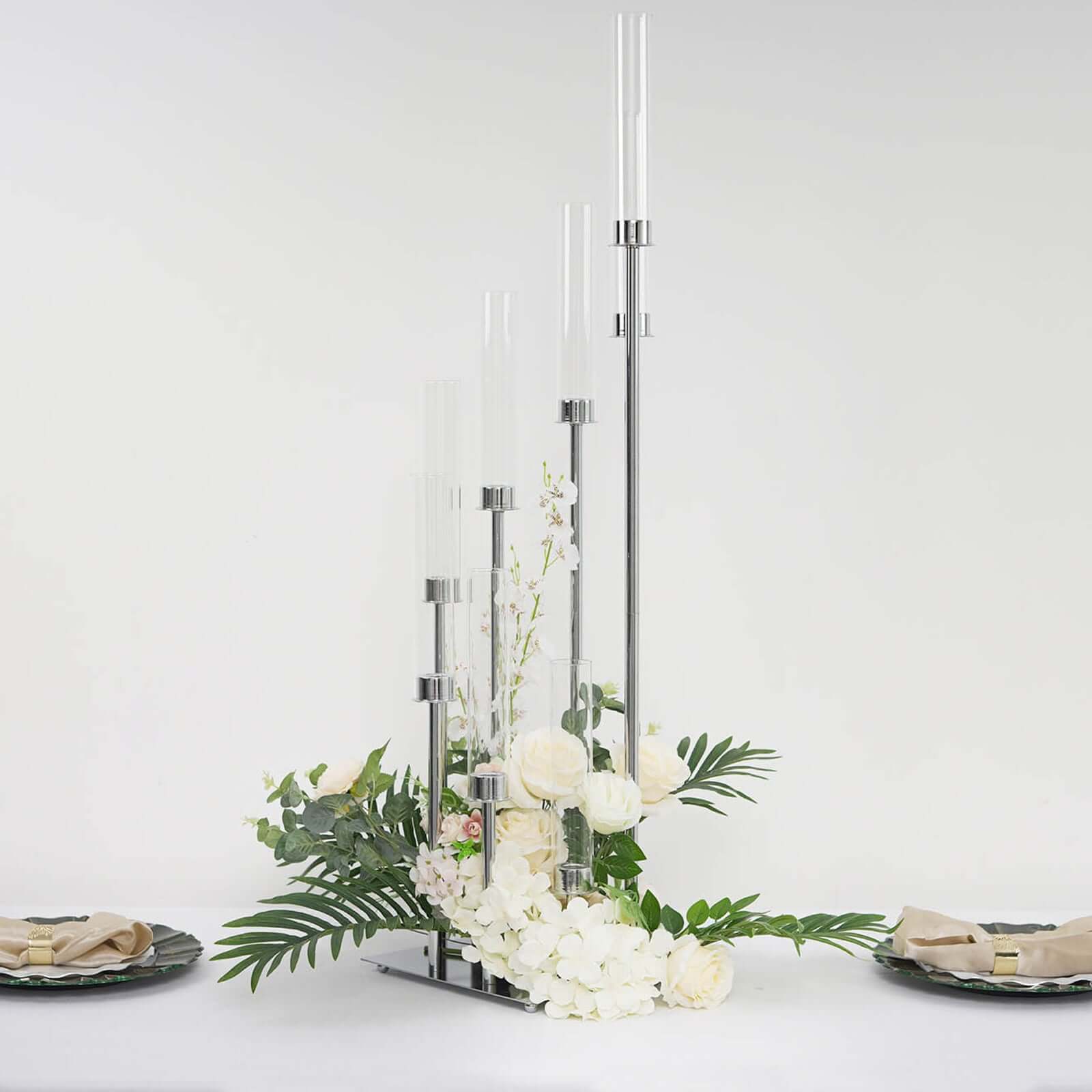 8 Arm Cluster Taper Candle Holder Silver - Stunning Large Candle Arragement With Clear Glass Shades for Grand Banquets & Celebrations 42"