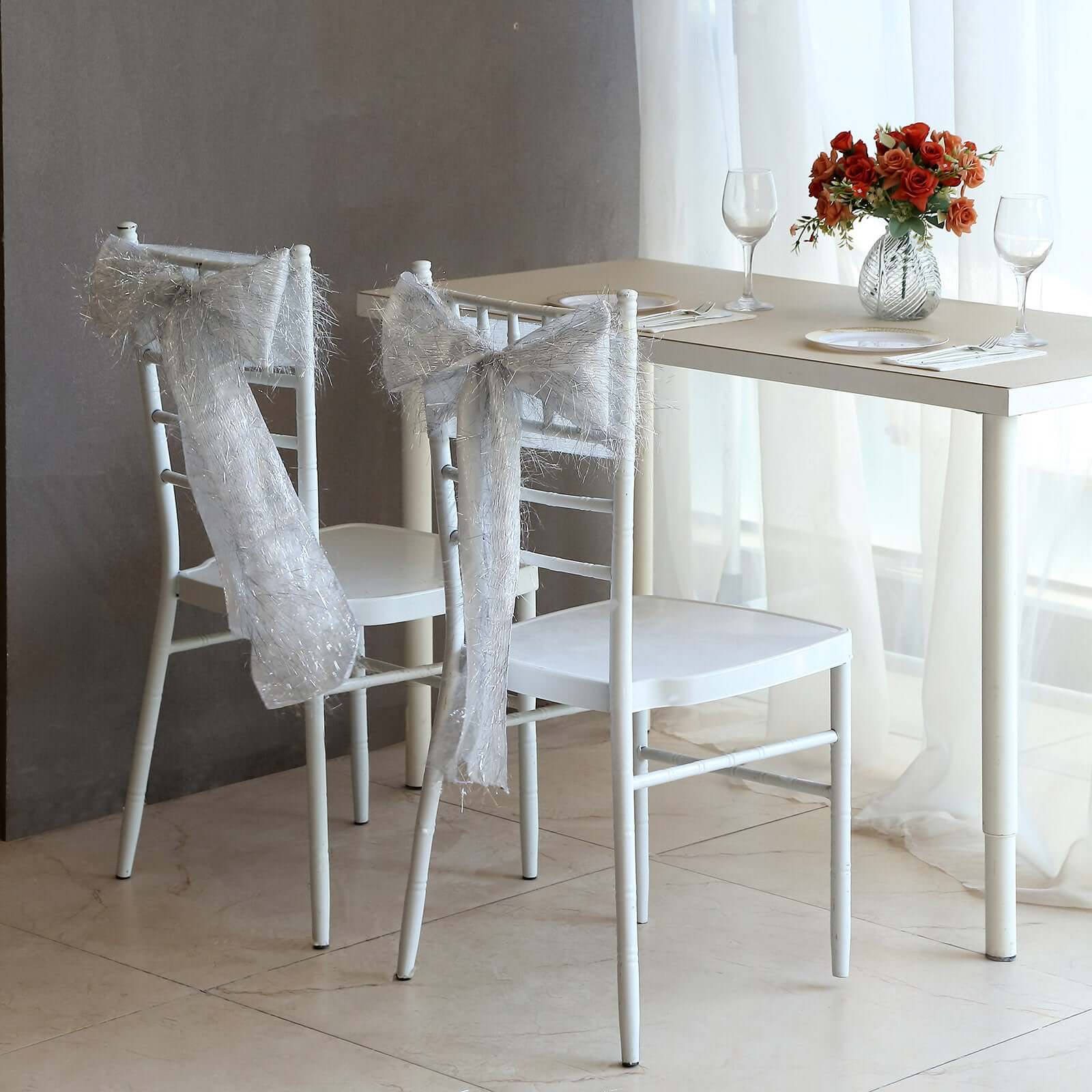 5 Pack Polyester Chair Sashes Silver Metallic Tinsel Fringe - Easy to Use Chair Bows 6"x108"