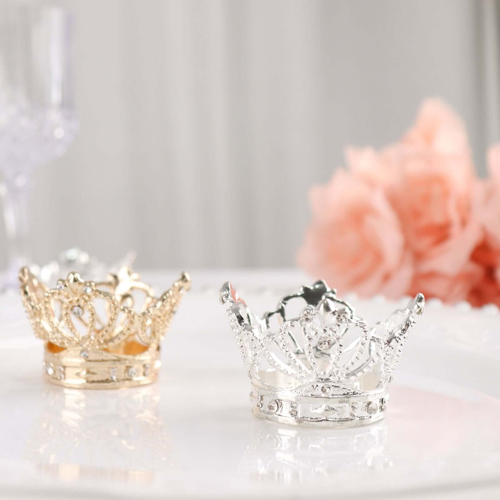 4 Pack Silver Metal Crown Rhinestone Napkin Rings, Royal Bling Napkin Holders