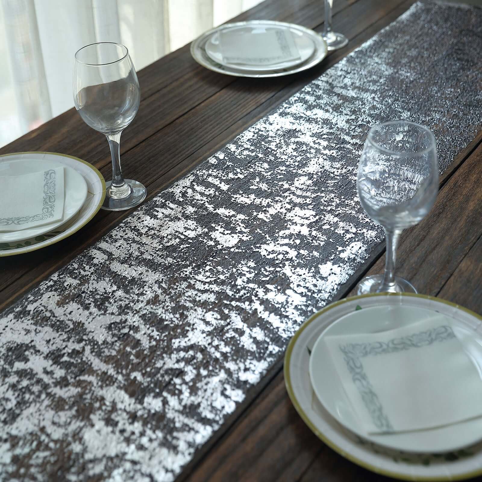Mesh Polyester 108" Table Runner Roll Metallic Silver - Distressed Foil Look Disposable Table Decor