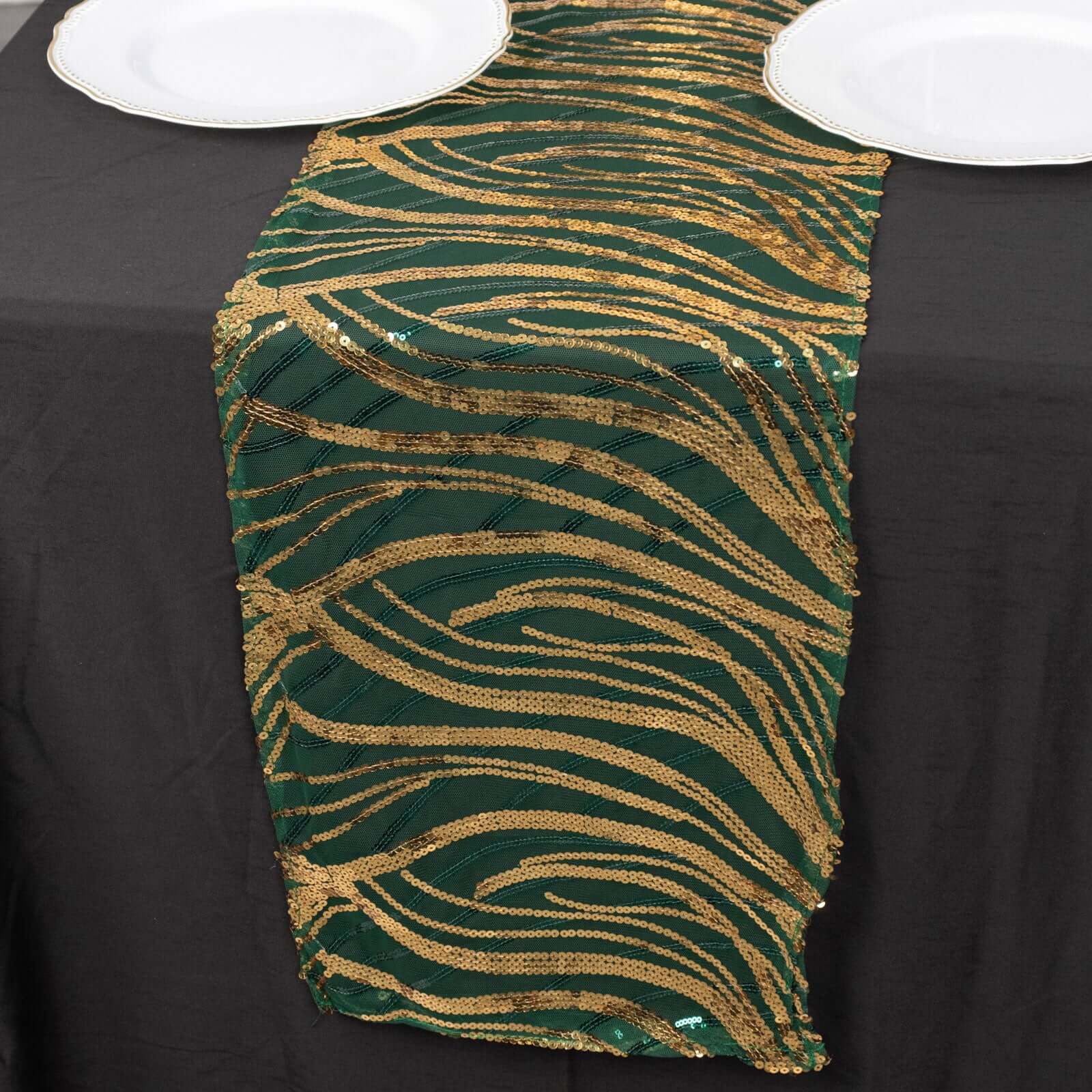 Sequin Mesh 12"x108" Table Runner Hunter Emerald Green/Gold Stylish Wave Embroidery