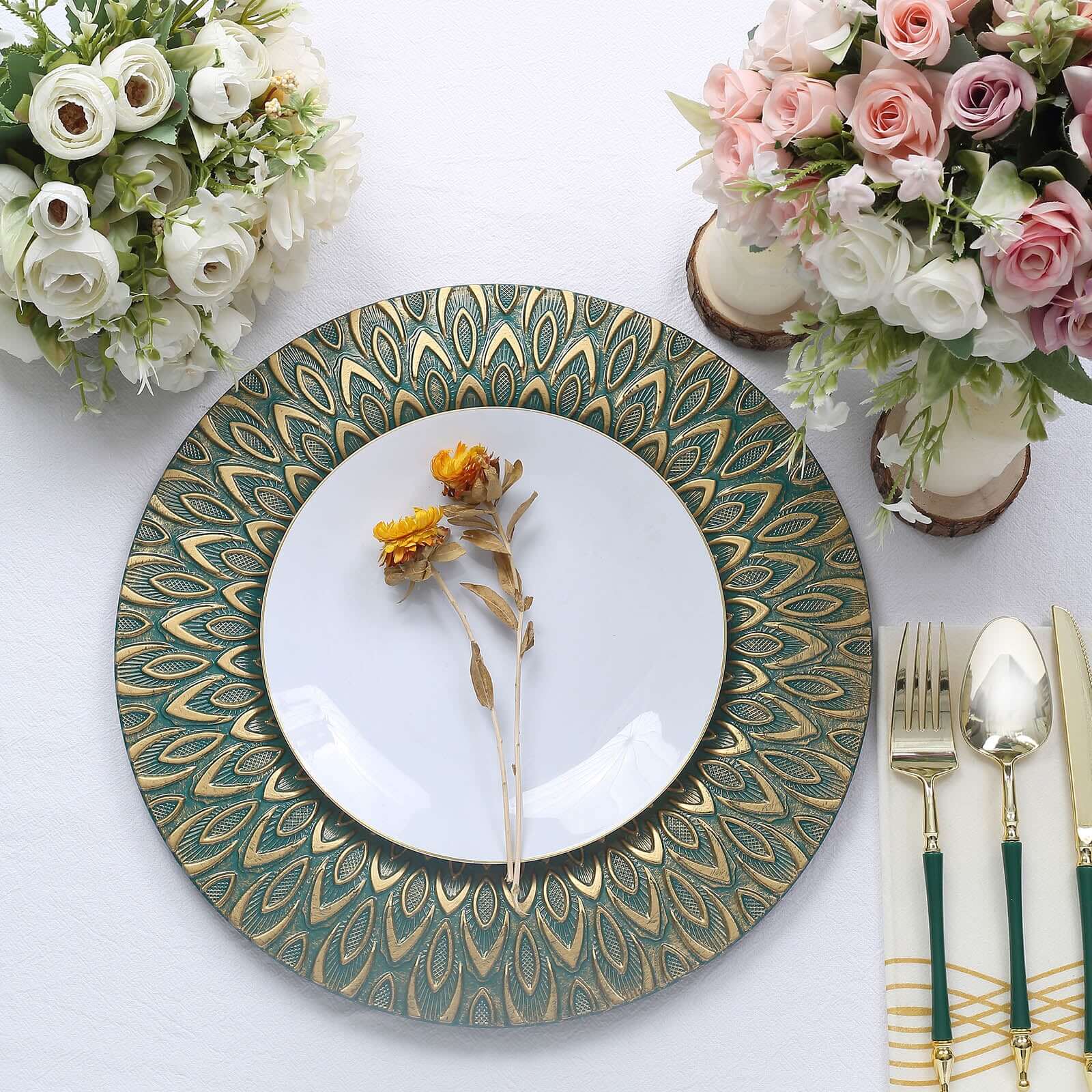 6-Pack Plastic Round Charger Plates 13" in Teal with Gold Embossed Peacock Pattern, Stylish Disposable Charger Tableware