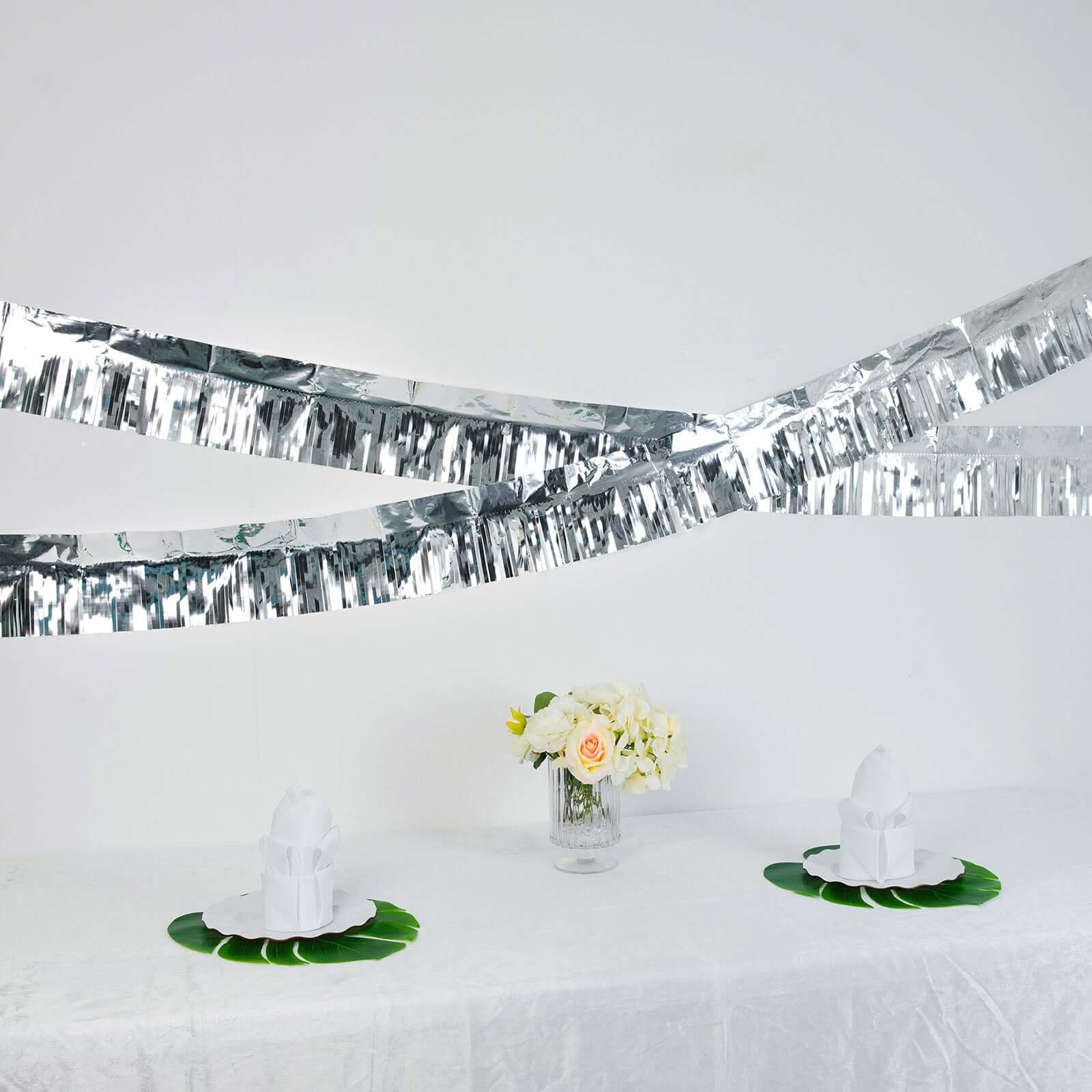 16ft Metallic Silver Foil Tassel Fringe Backdrop Banner, Tinsel Garland Decor