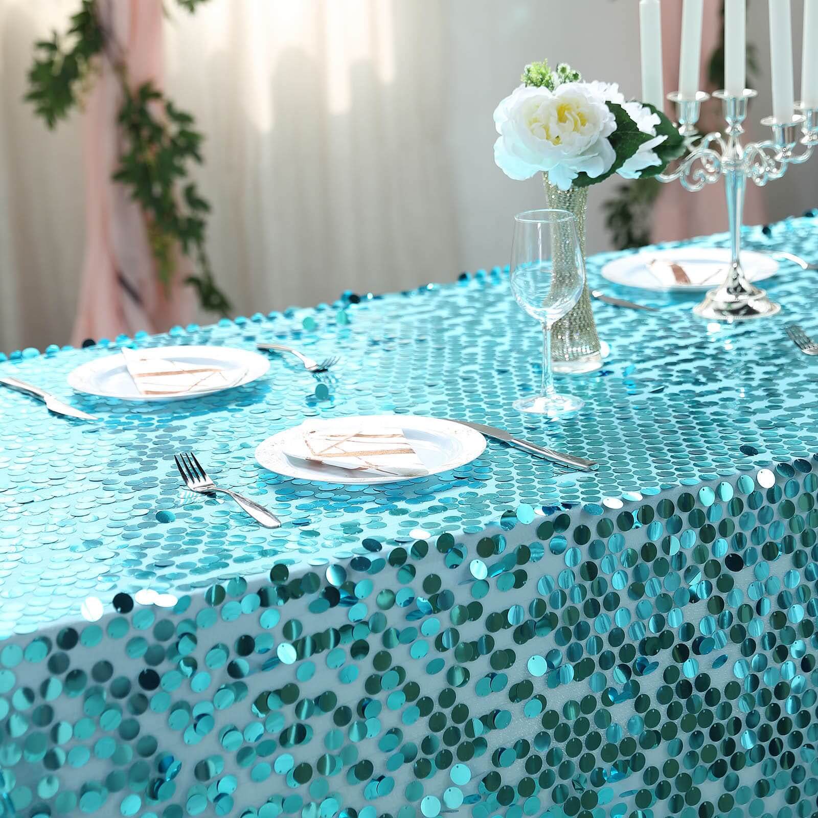 Sequin 90"x132" Rectangle Tablecloth Turquoise - Seamless Big Payette Table Cover