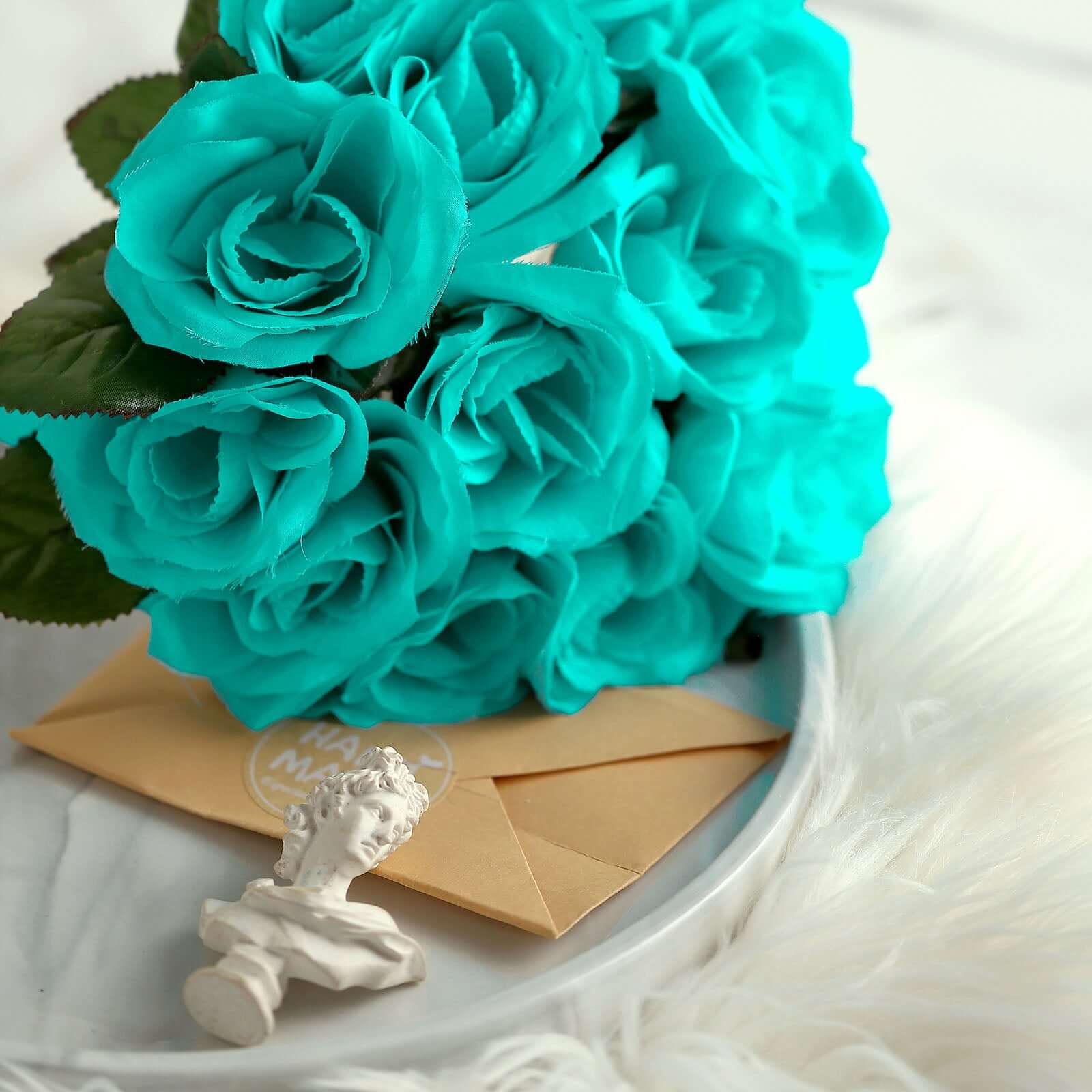 12" Turquoise Artificial Velvet-Like Fabric Rose Flower Bouquet Bush