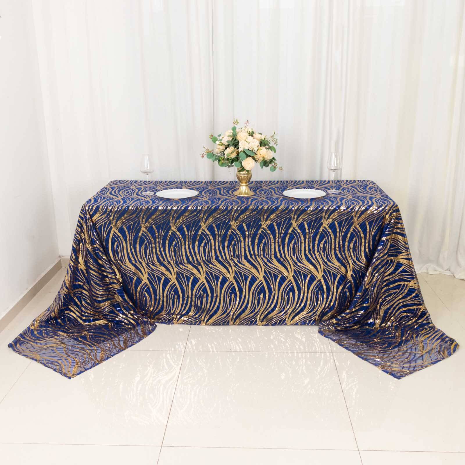 Mesh 90"x156" Rectangle Tablecloth Royal Blue/Gold - Wave Sequin Embroidered Table Cover
