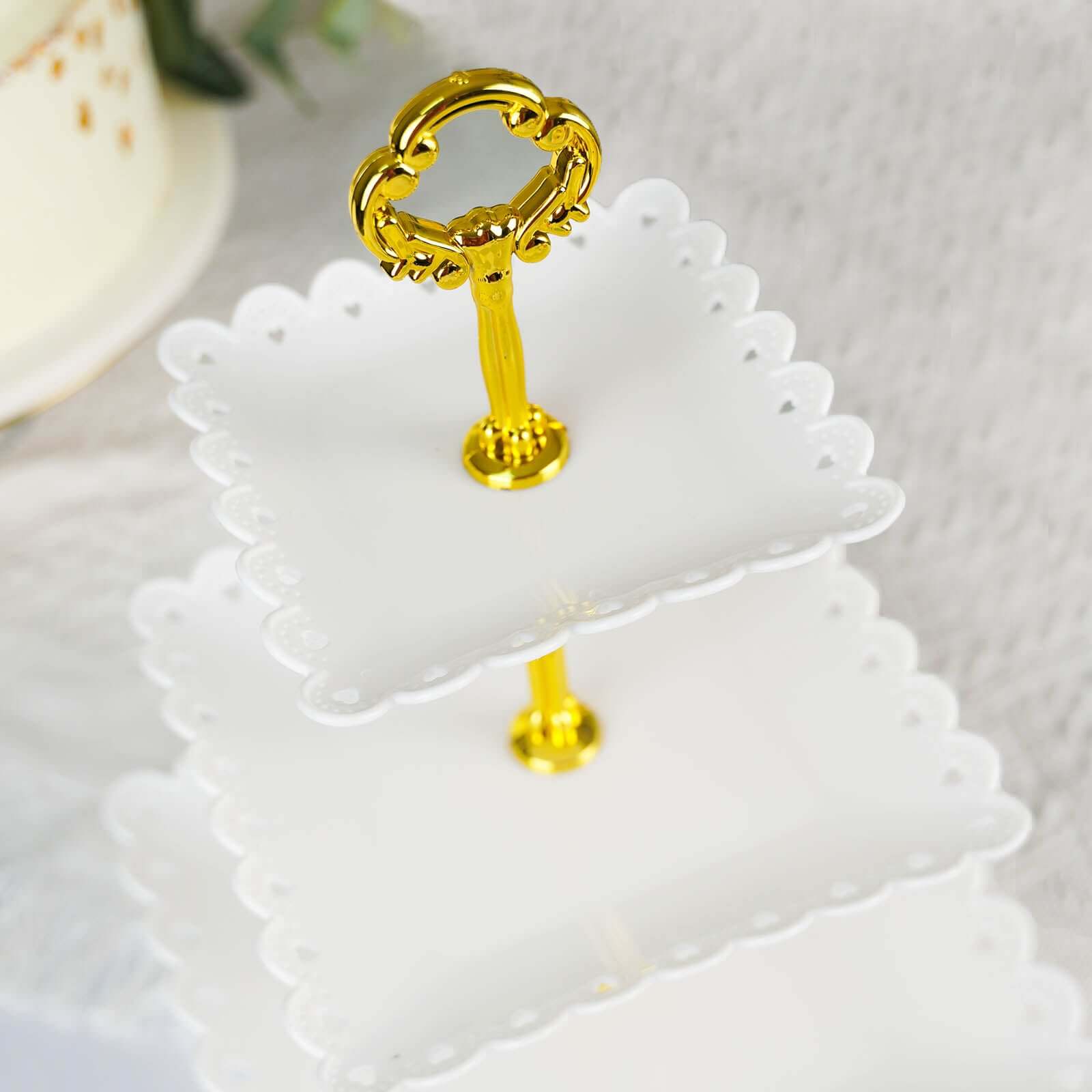 3-Tier Plastic Square Cupcake Stand Tower White - Charming Disposable Dessert Display Serving Tray Platter with Heart Wavy Edge & Gold Top Handle for Tea Parties Weddings & Special Occasions 13"