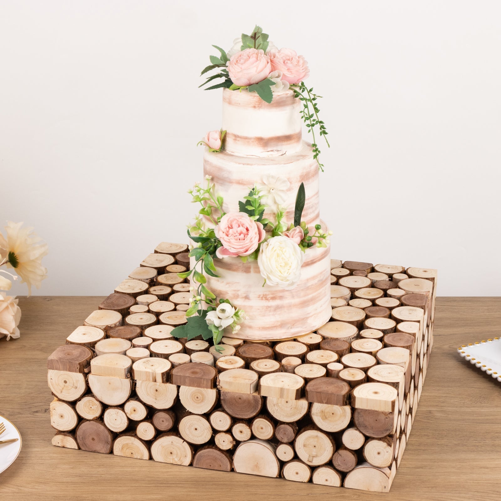 Wooden Cake Stand 18"x18" Square Design Rustic Natural Slices - Farmhouse Display Box Pedestal Riser