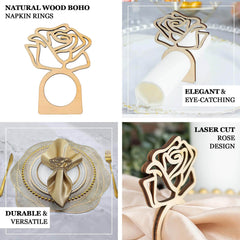 10 Pack 4" Natural Wood Laser Cut Rose Design Rustic Napkin Rings, Boho Farmhouse Napkin Holders