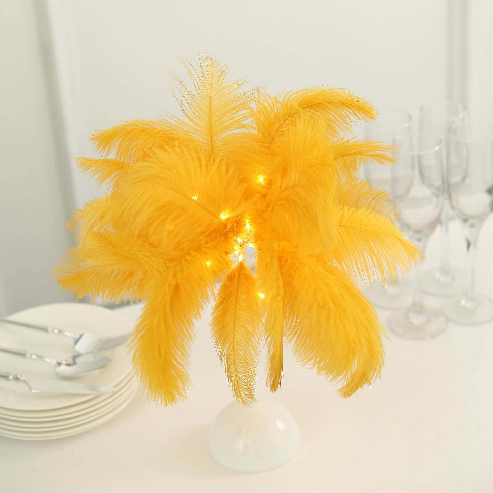 Table Lamp Ostrich Feather Design Gold LED Battery Operated - Cordless Wedding Centerpiece 15"