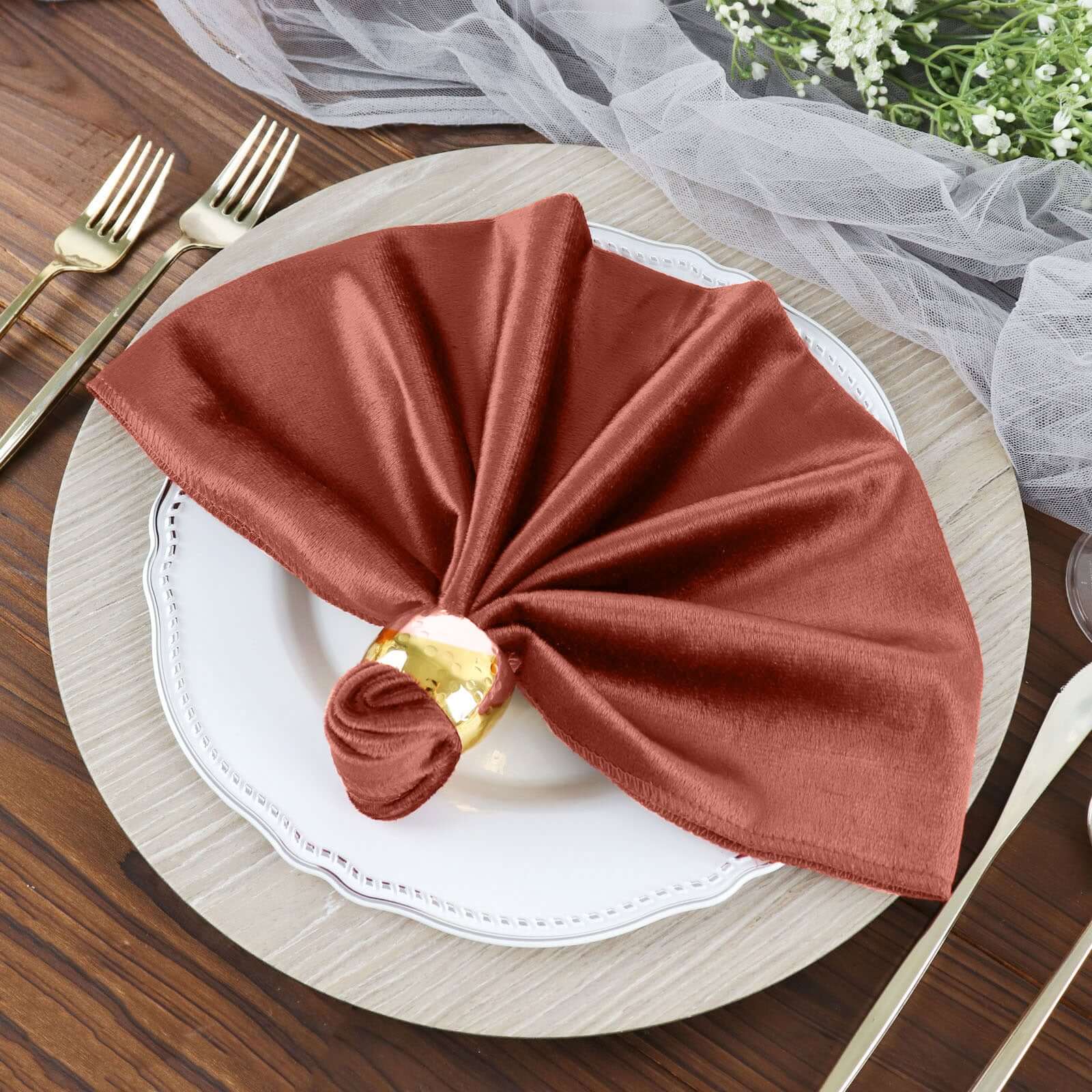 5 Pack Premium Velvet 20"x20" Napkins Terracotta (Rust) - Soft Sheen Finish Cloth Napkins